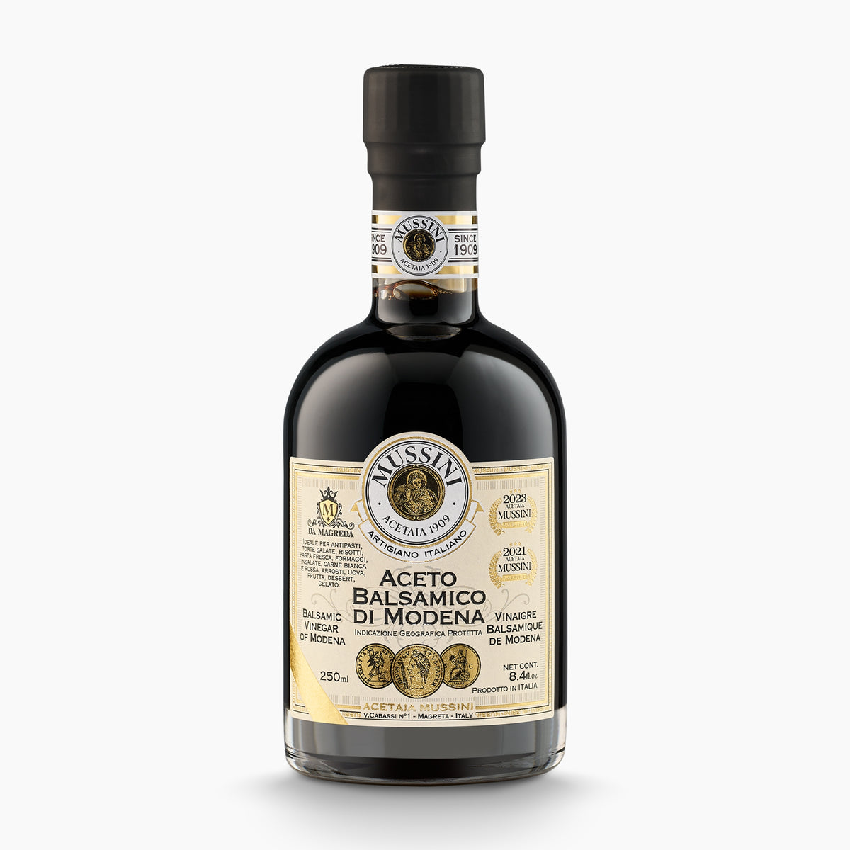 250 ml bottle of Mussini PGI Balsamic Vinegar of Modena 3 Gold Medals.