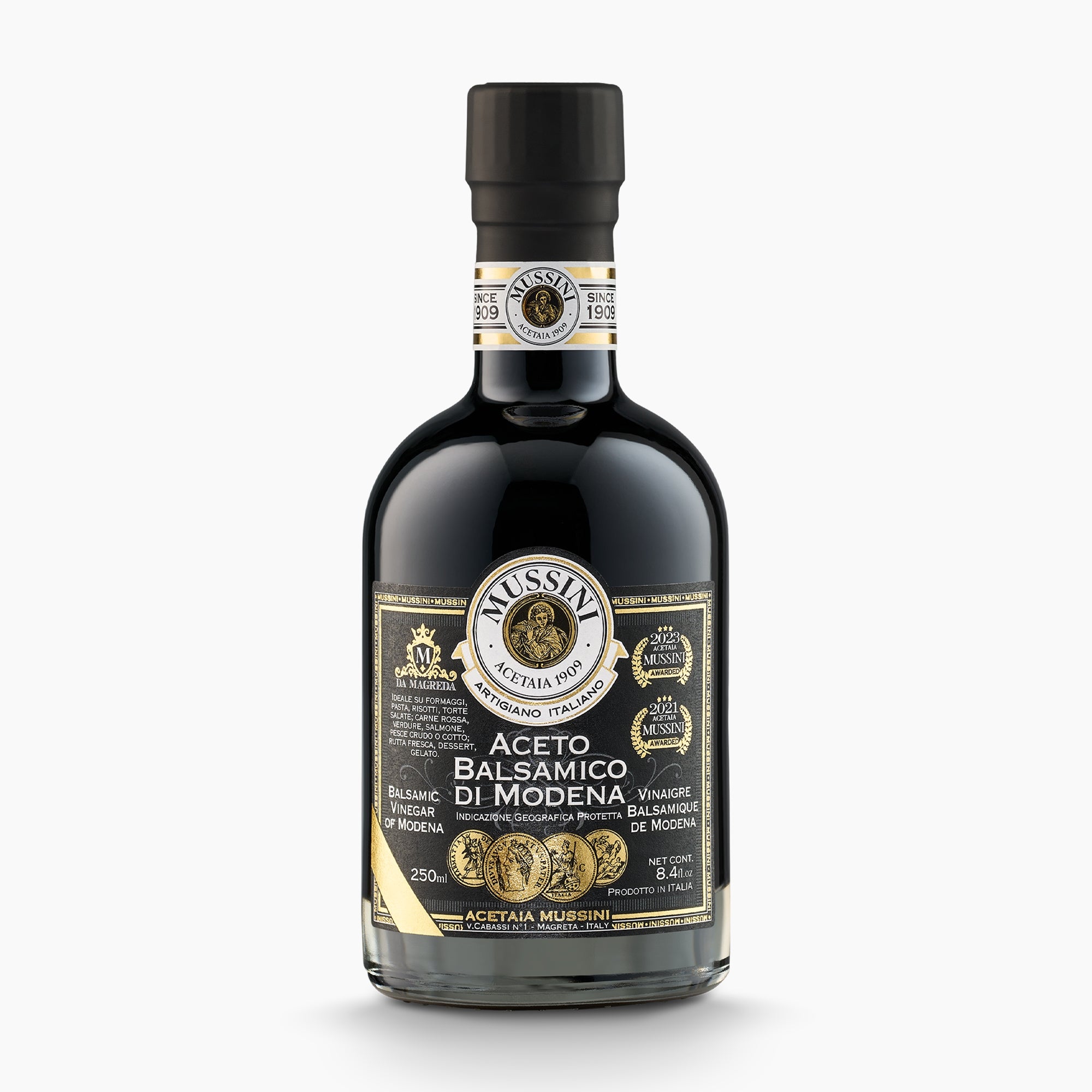 250 ml bottle of Mussini PGI Balsamic Vinegar of Modena 4 Gold Medals.