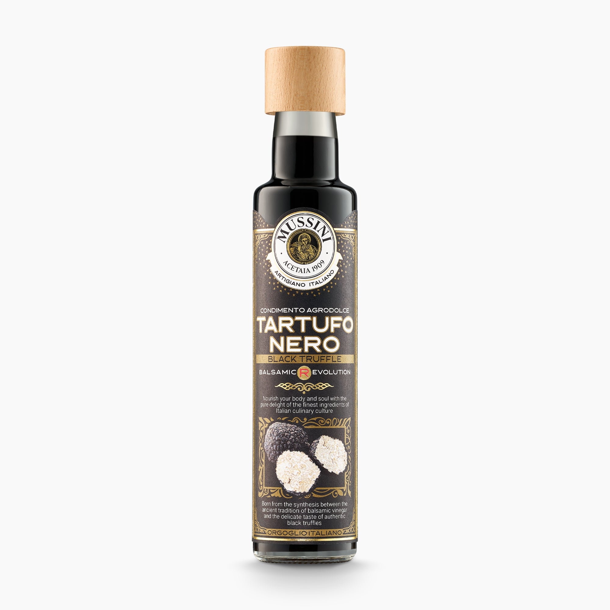 250 ml bottle of Mussini Balsamic R-Evolution Black Truffle Condiment.