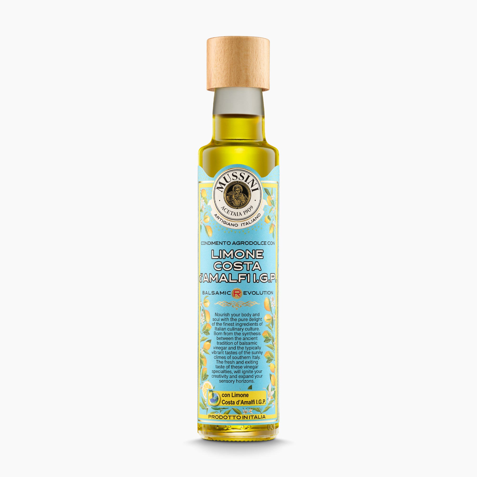 250 ml bottle of Mussini Balsamic R-Evolution Lemon-Citron Condiment.