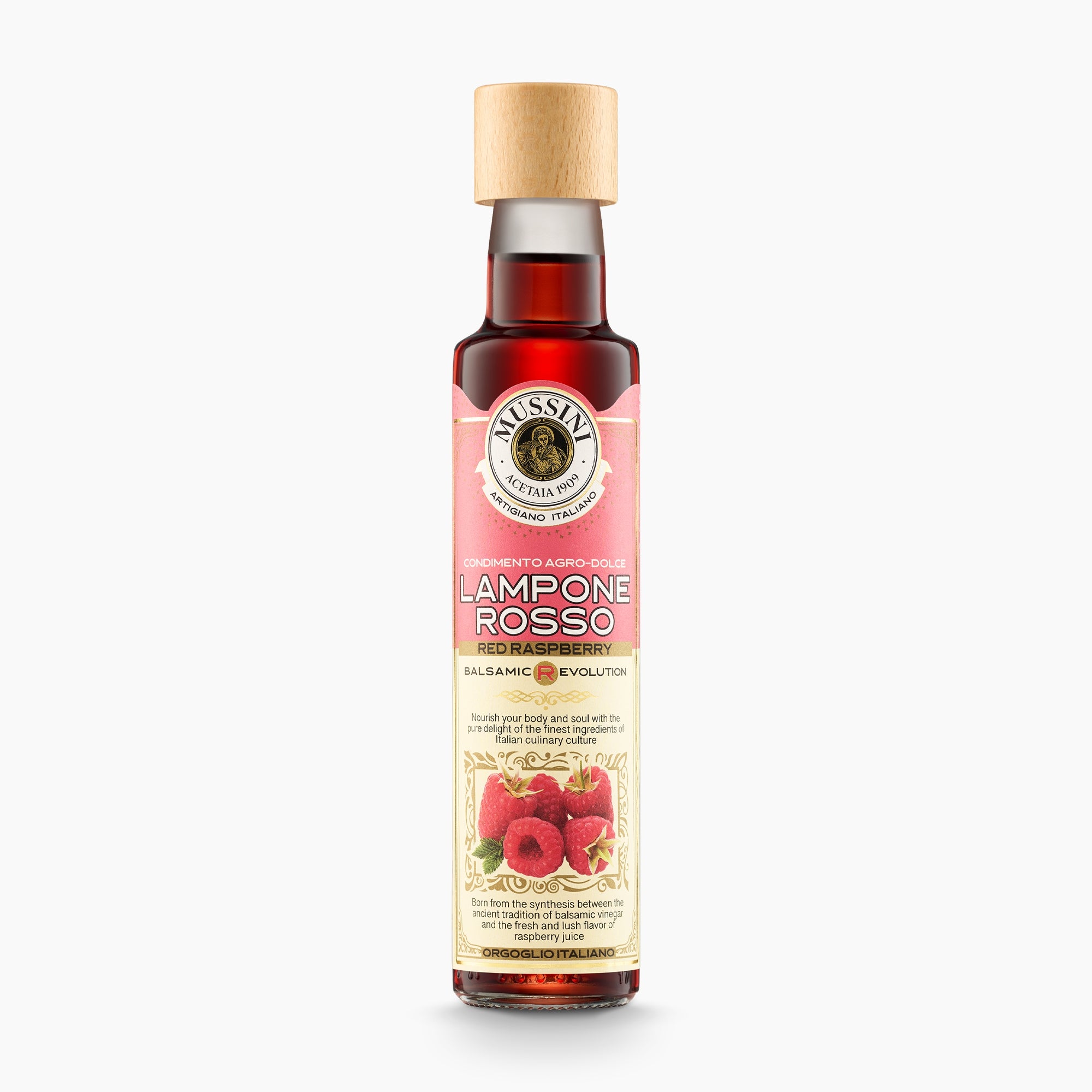 250 ml bottle of Mussini Balsamic R-Evolution Red Raspberry Condiment.