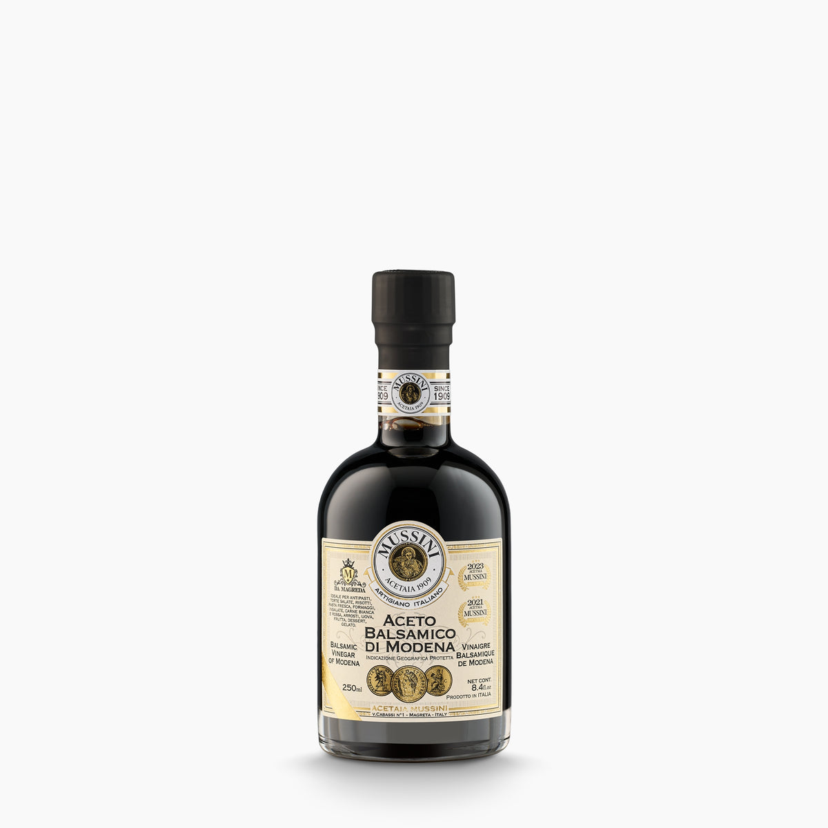 250 ml bottle of Mussini PGI Balsamic Vinegar of Modena 3 Gold Medals.