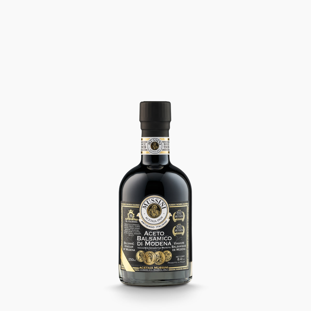250 ml bottle of Mussini PGI Balsamic Vinegar of Modena 4 Gold Medals.
