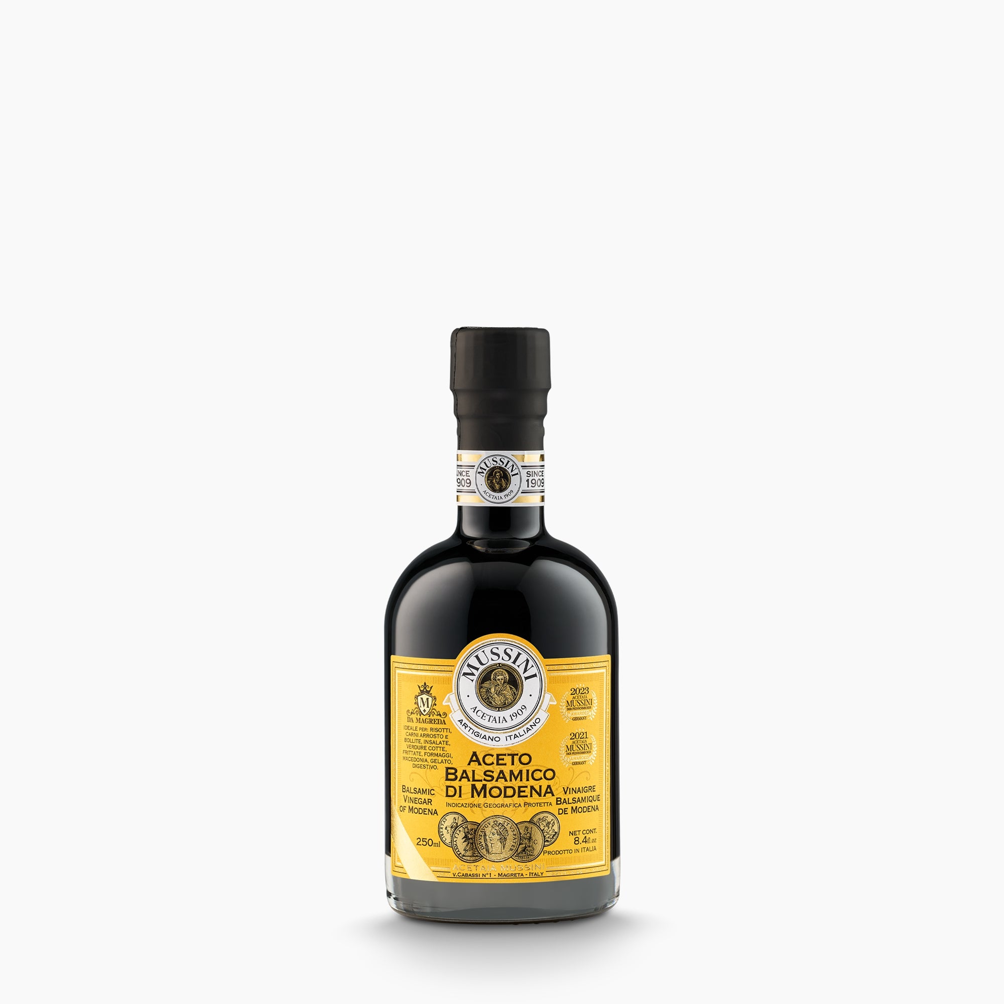 Mussini PGI Balsamic Vinegar of Modena 5 Gold Medals in a 250ml glass bottle.