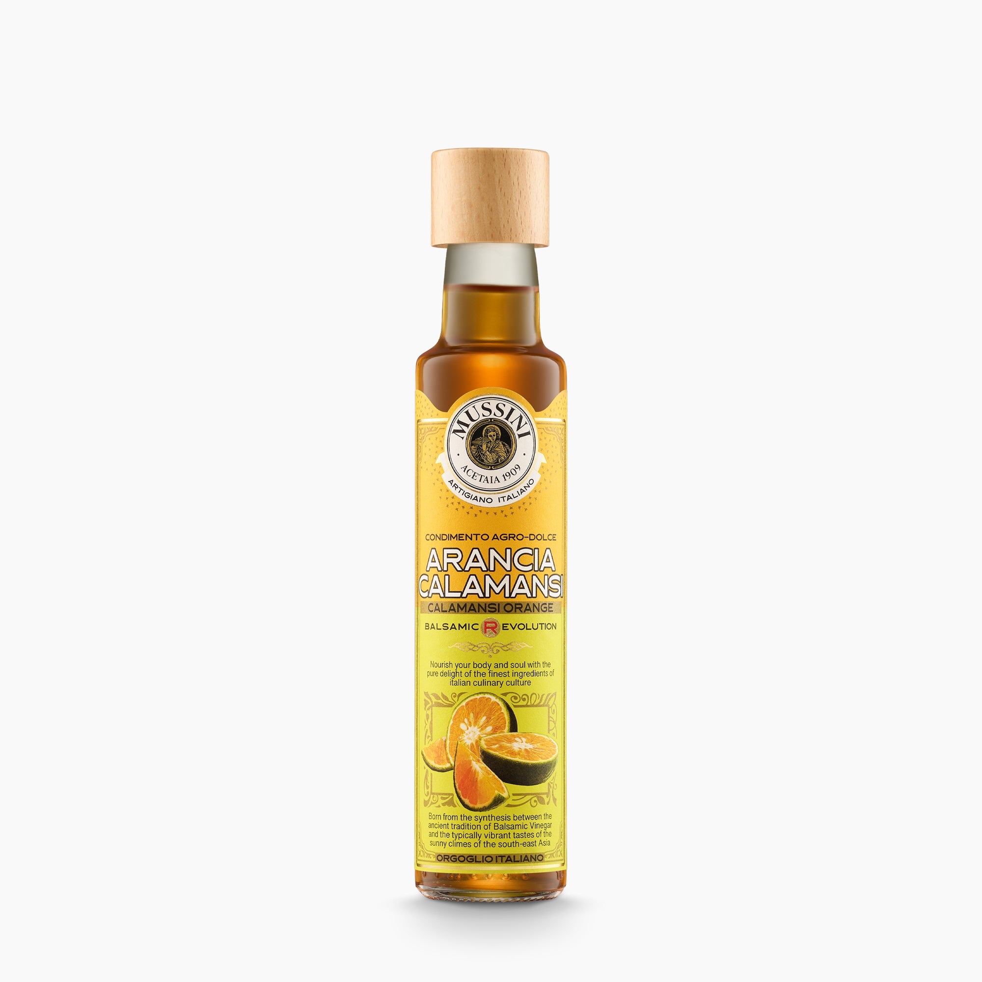 Mussini Balsamic R-Evolution Calamansi Orange Condiment in 250 ml bottle.