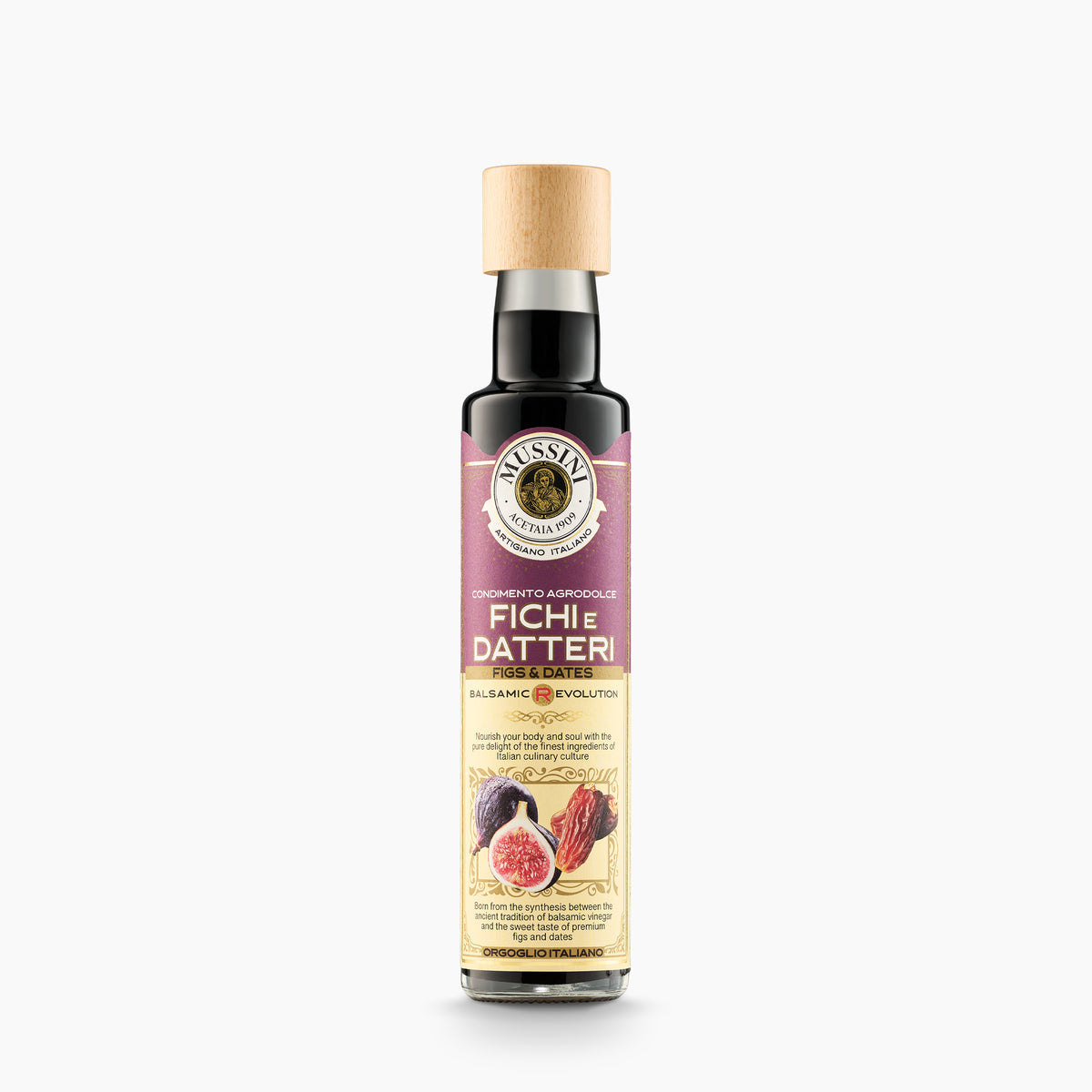 250 ml bottle of Mussini Balsamic R-Evolution Figs & Dates Condiment.
