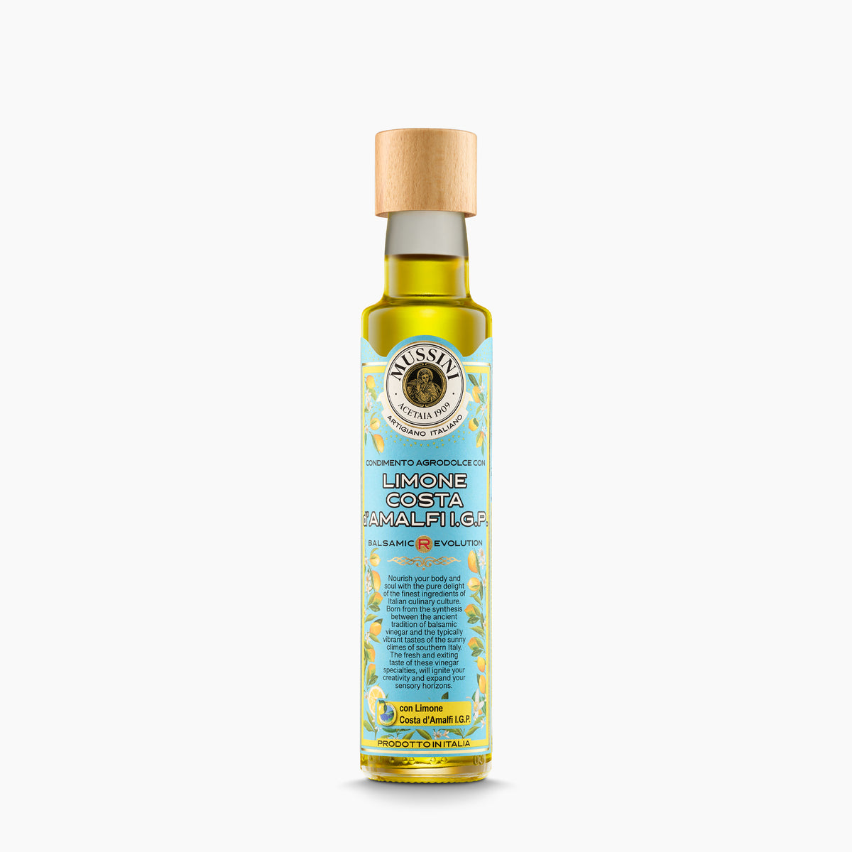250 ml bottle of Mussini Balsamic R-Evolution Lemon-Citron Condiment.