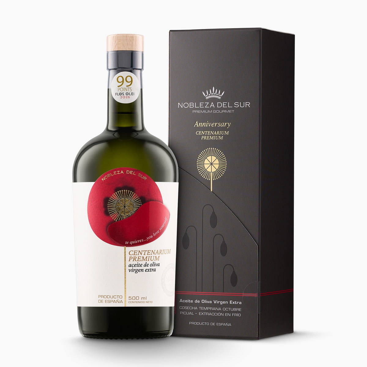 A 500 ml bottle of Nobleza del Sur Centenarium Premium Anniversary Edition and its gift box.
