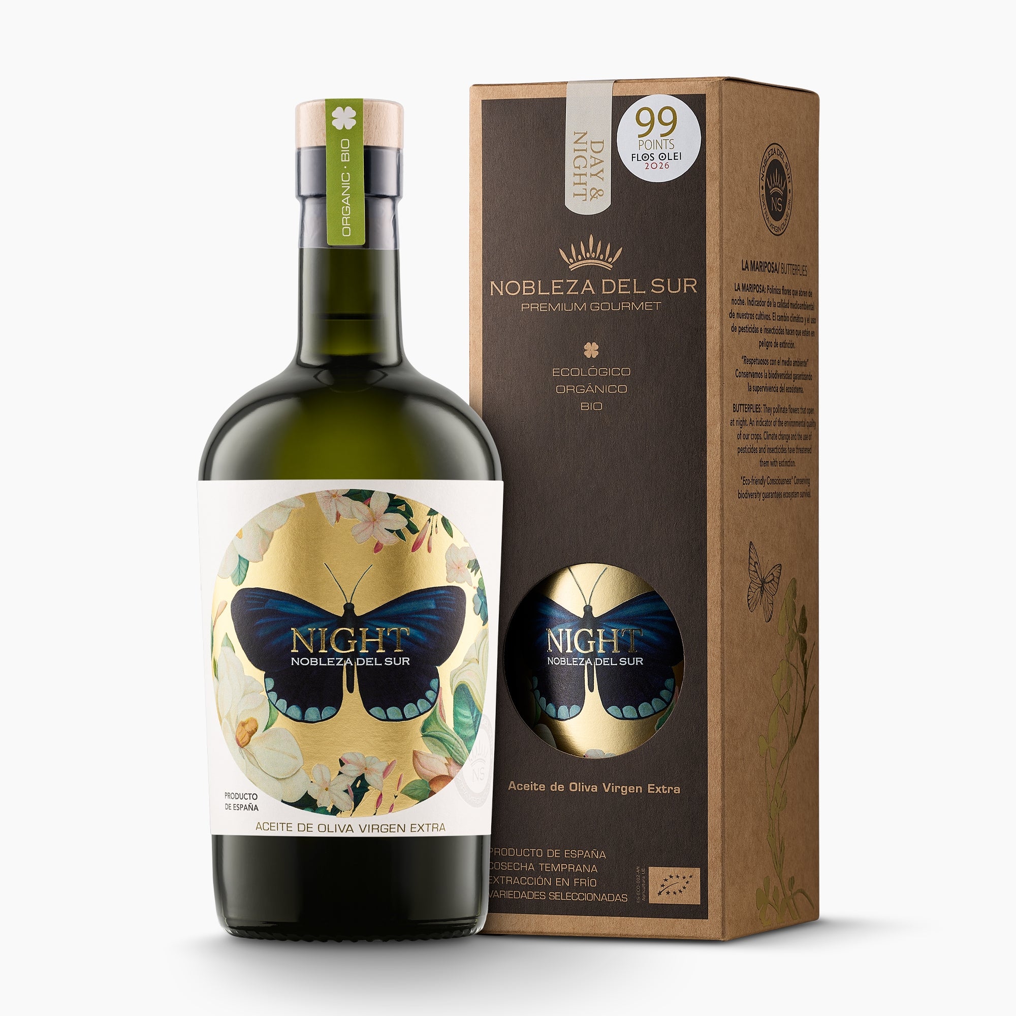 500ml Nobleza del Sur Organic Night extra virgin olive oil bottle and its gift box.