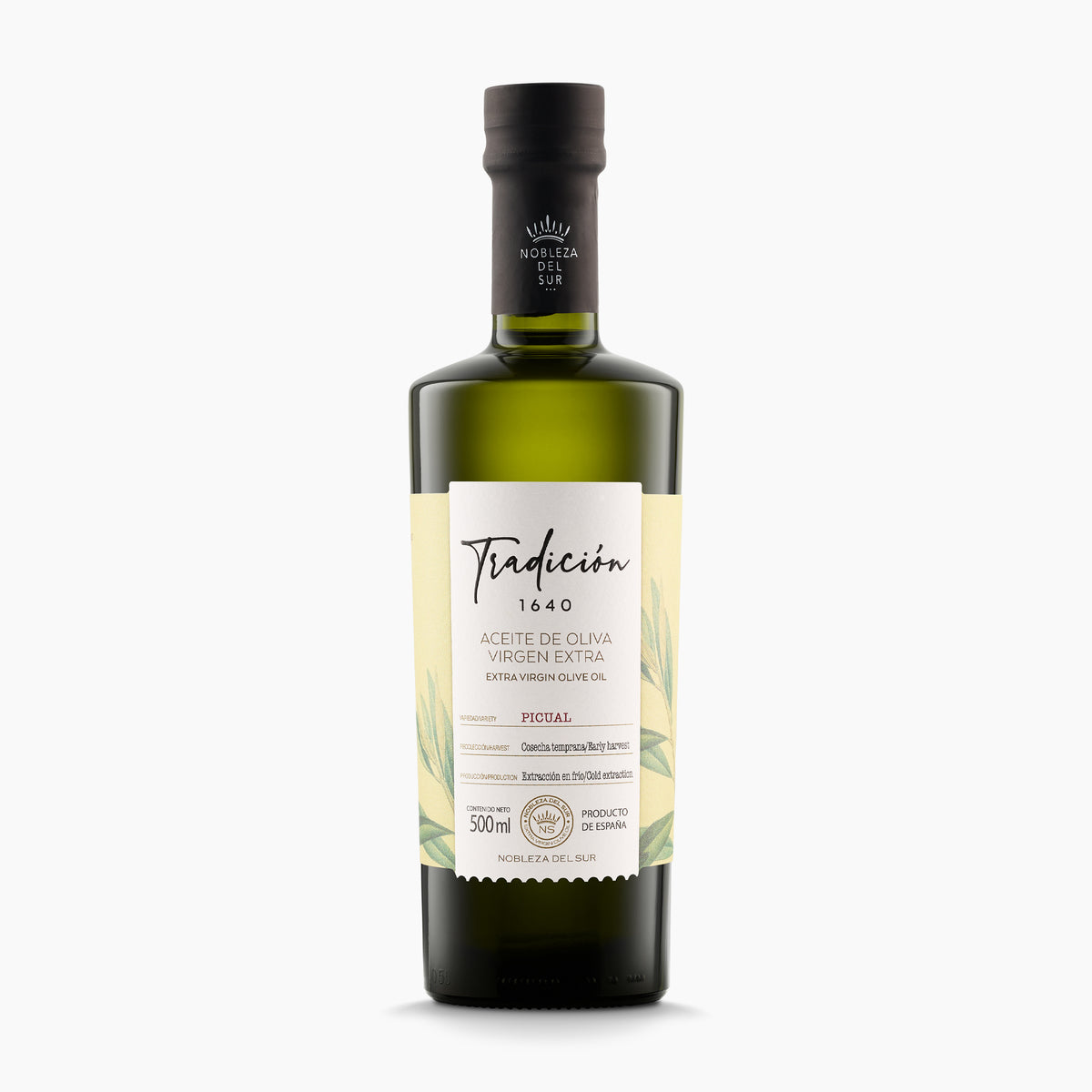 A 500 ml bottle of Nobleza del Sur Tradicion 1640 Picual extra virgin olive oil.