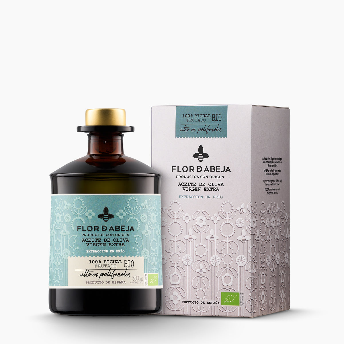 500 ml bottle of Nobleza del Sur Flor de Abeja Organic Picual with its gift box.