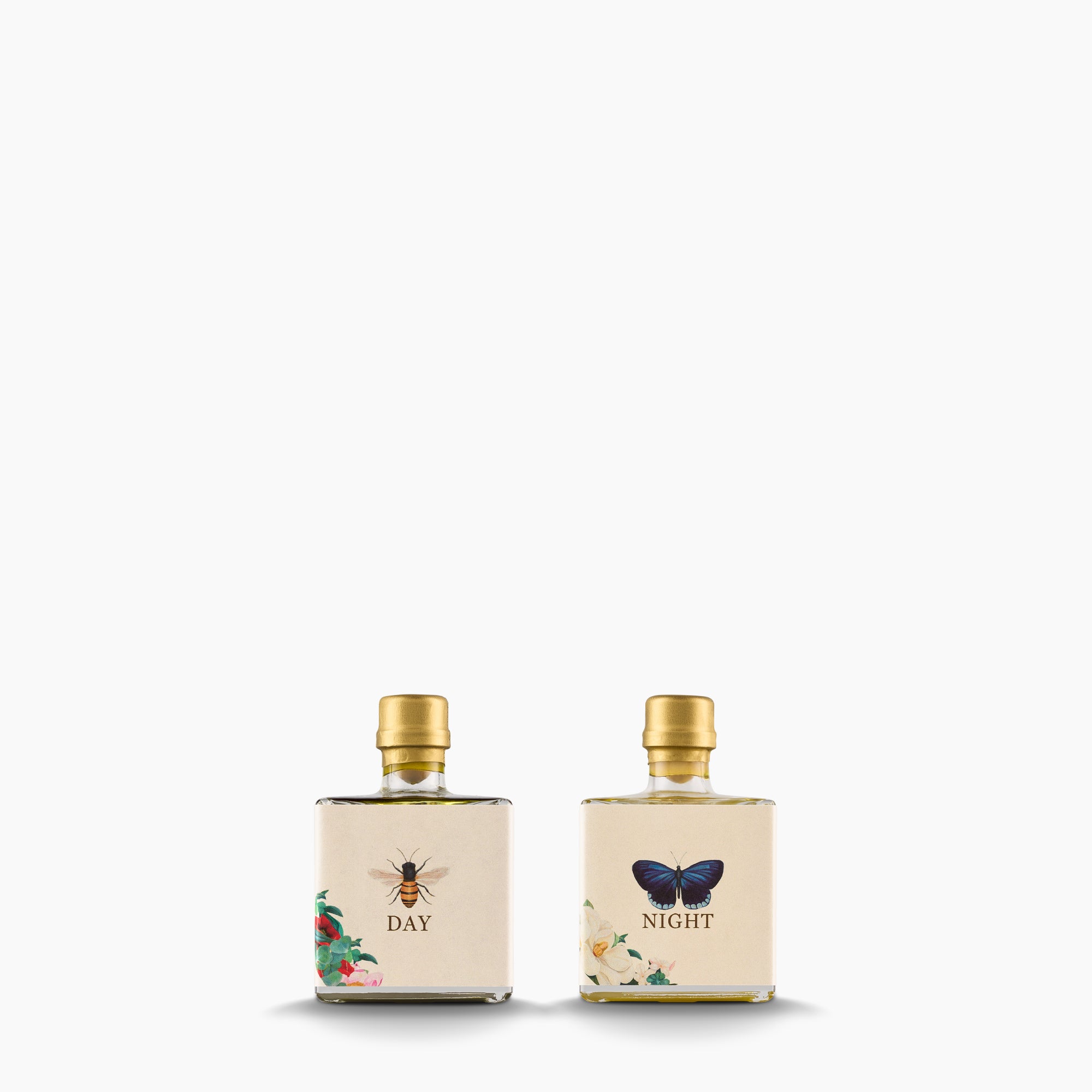 Two 100 ml bottles of Nobleza del Sur Organic extra virgin olive oil; Day, and Night.
