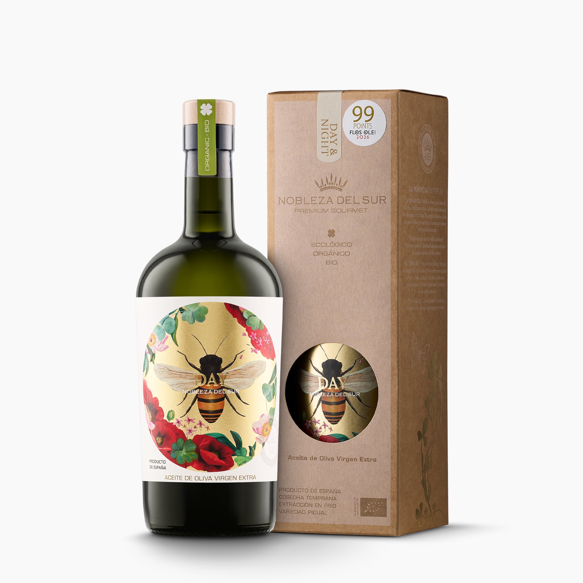 500 ml bottle of Nobleza del Sur Organic Day extra virgin olive oil and its elegant gift box.