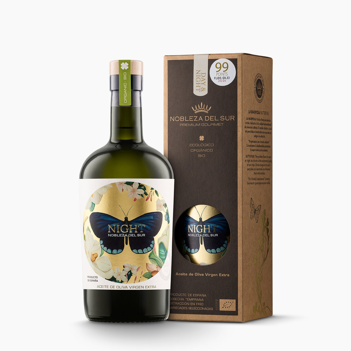 500ml Nobleza del Sur Organic Night extra virgin olive oil bottle and its gift box.
