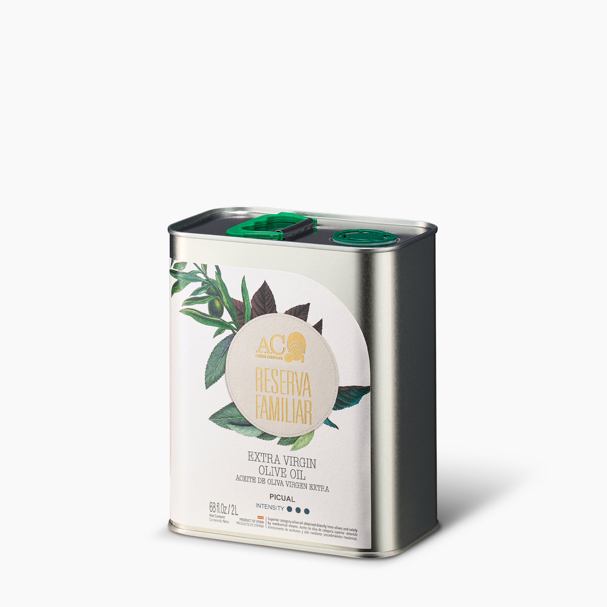 Angled view of Nobleza Del Sur Aceites Castellar Reserva Familiar Picual 2L Tin.