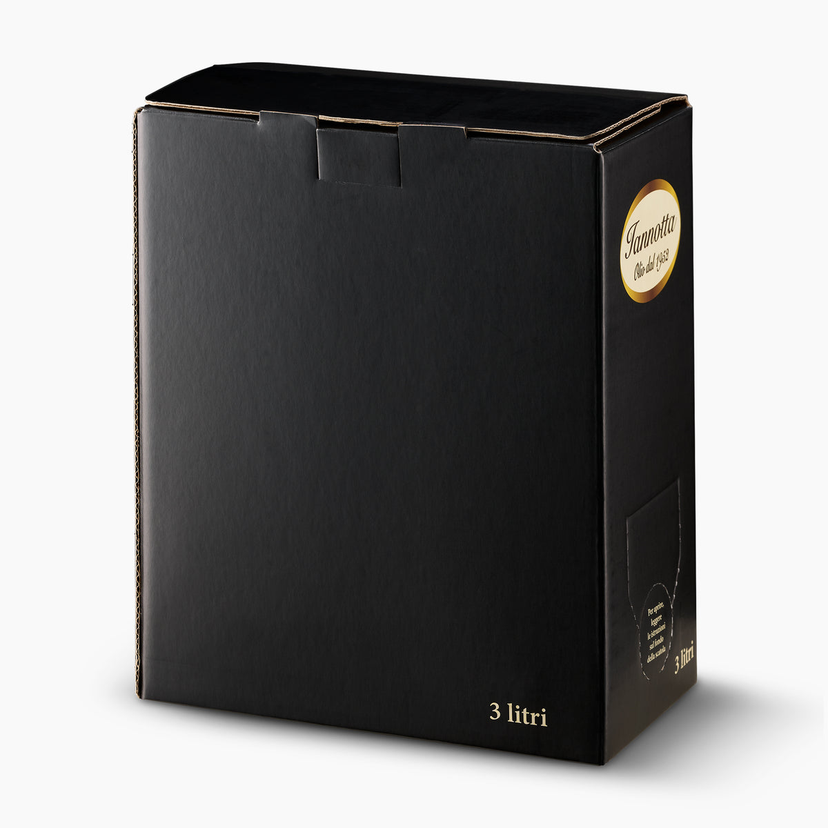 Angled view of Iannotta 3L Bag-in-Box extra virgin olive oil from Italy.