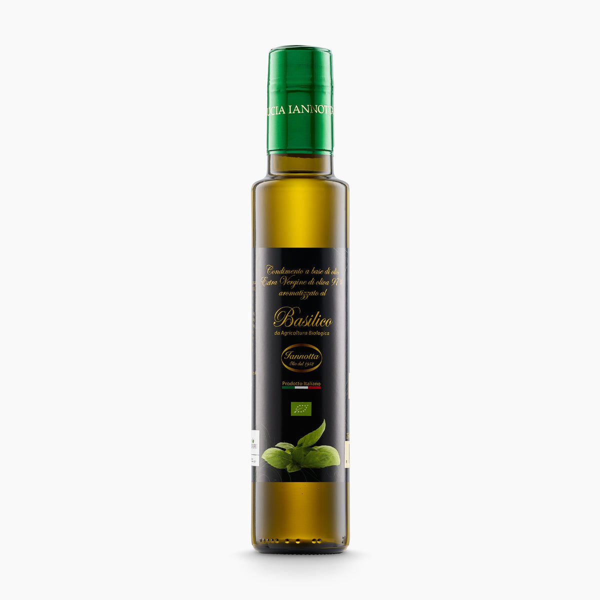 250 ml bottle of Iannotta Organic Basil Flavored extra virgin olive oil.