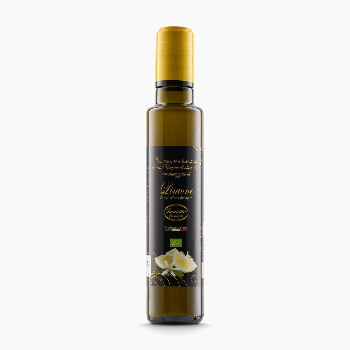 250 ml bottle of Iannotta Organic Lemon Flavored extra virgin olive oil.