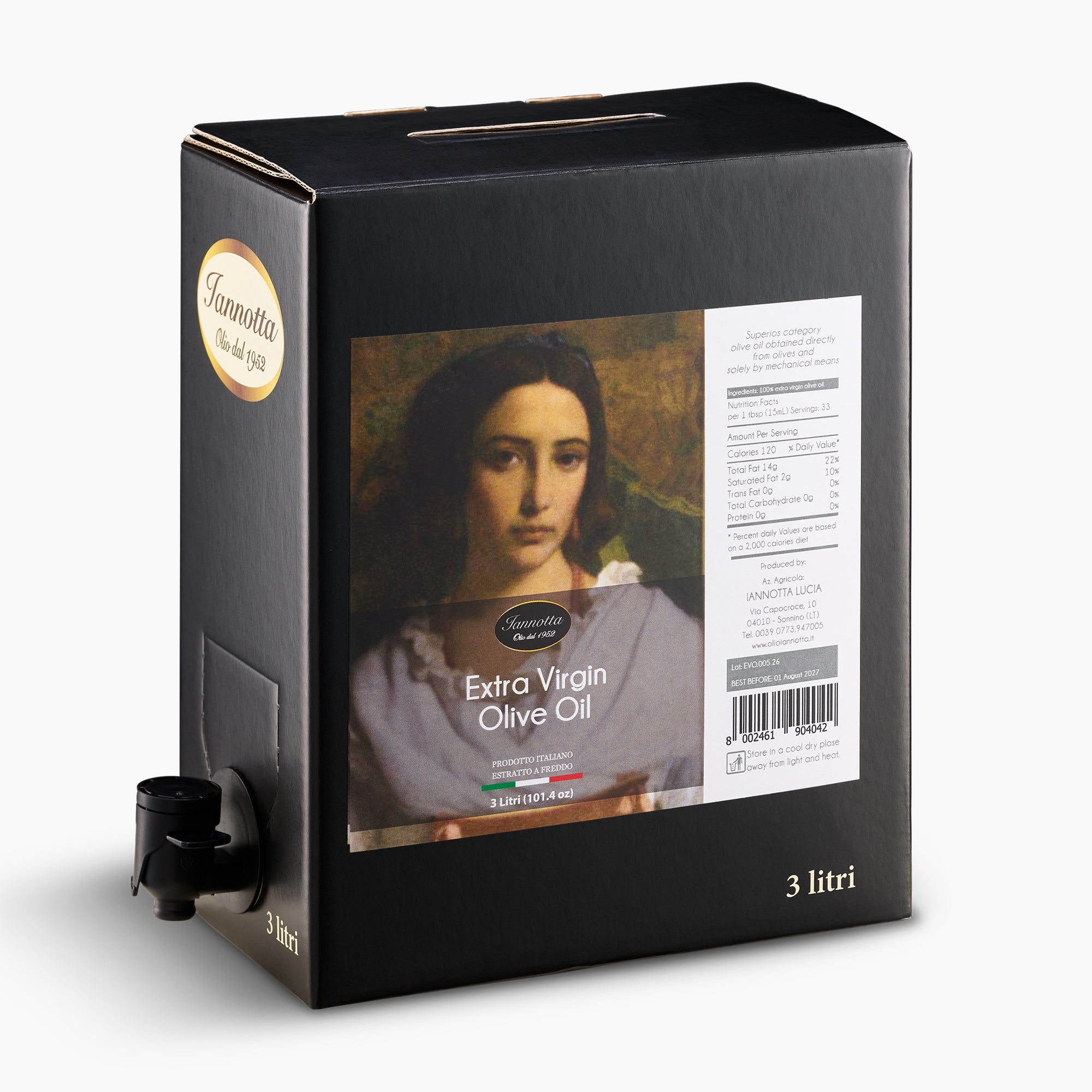 Iannotta Italian Extra Virgin Olive Oil 3L Bag-in-Box with dispensing spout extended.