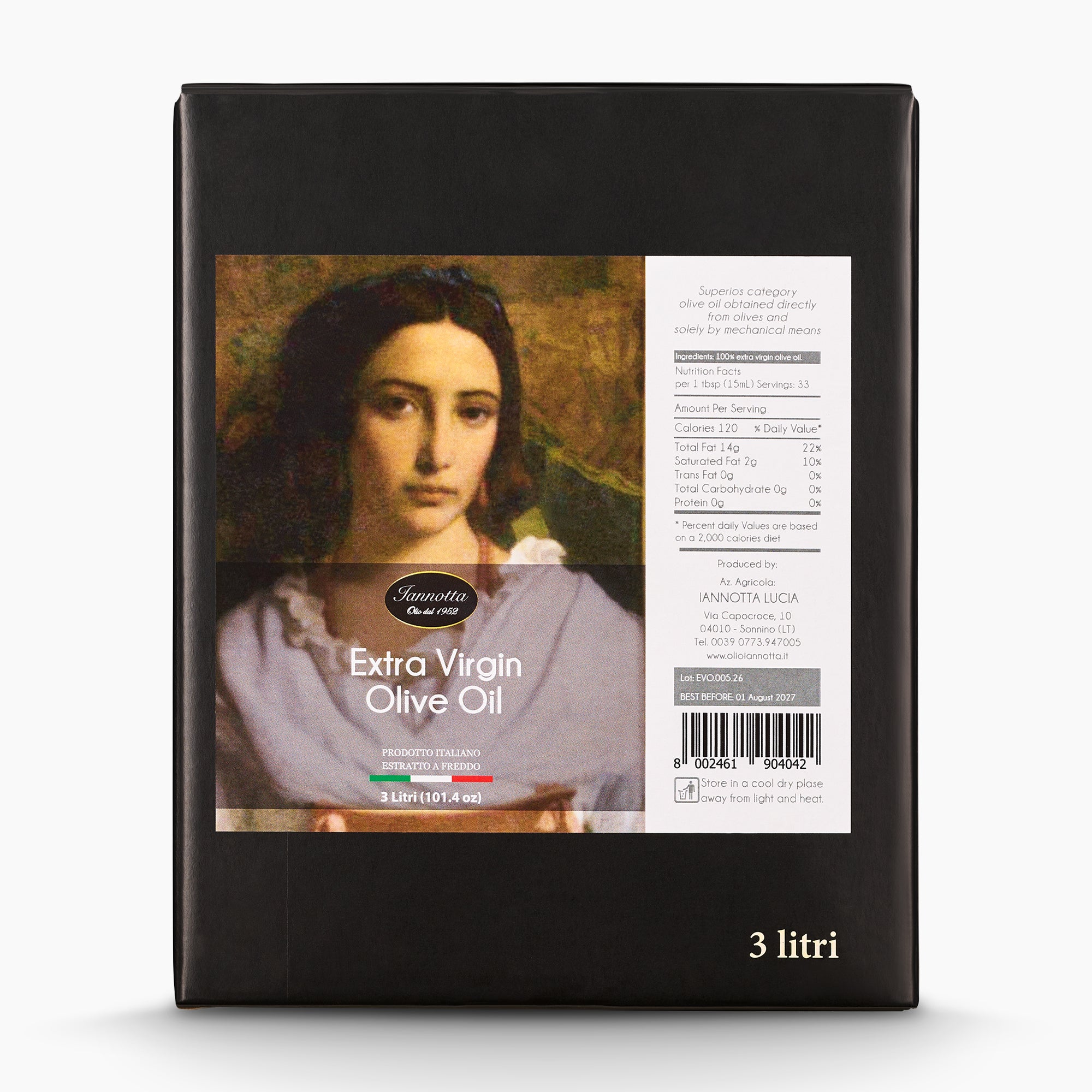 A 3L Bag-in-Box of Iannotta Extra Virgin Olive Oil from Lazio, Italy.