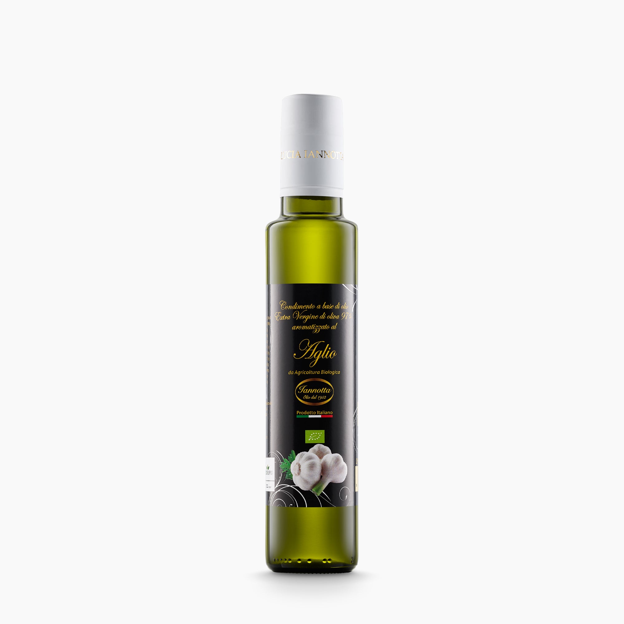 250 ml bottle of Iannotta Organic Garlic Flavored extra virgin olive oil from Lazio, Italy.