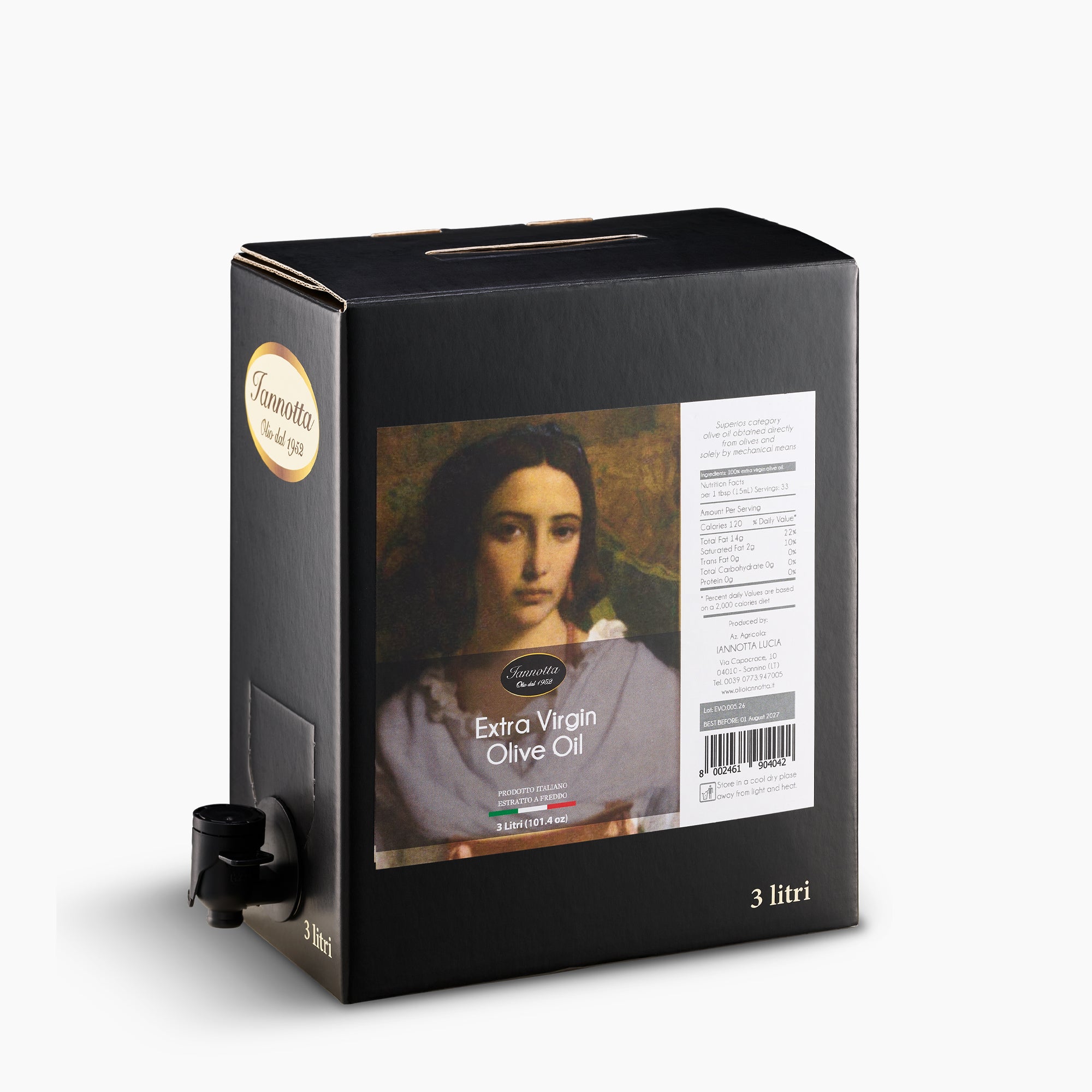 Iannotta Italian Extra Virgin Olive Oil 3L Bag-in-Box with dispensing spout extended.