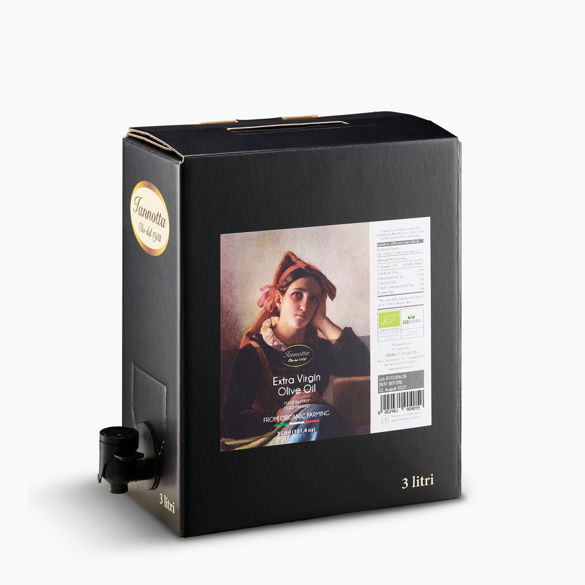 Iannotta Organic 3L Bag-in-Box extra virgin olive oil from Italy with dispensing spout extended.