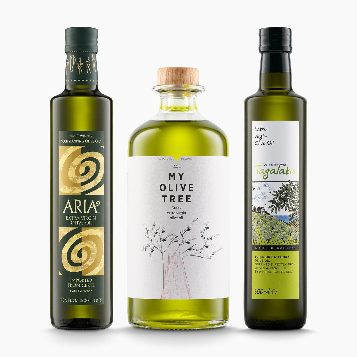 Three Greek extra virgin olive oil bottles; Aria Greek, My Olive Tree, and Tagalakis Elaiones.