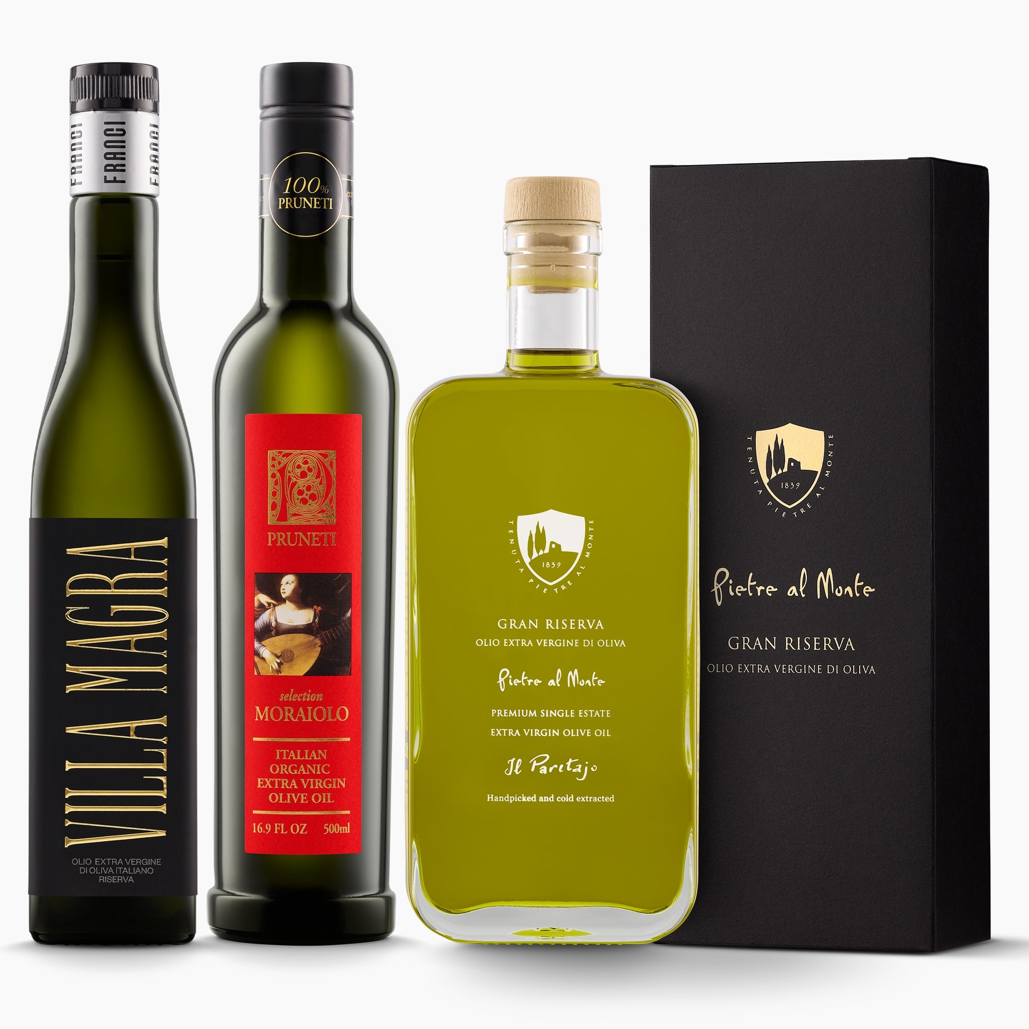 Three 500 ml bottles from Tuscany; Franci Villa Magra, Pruneti Moraiolo Biologico, and Pietre al Monte Gran Riserva.