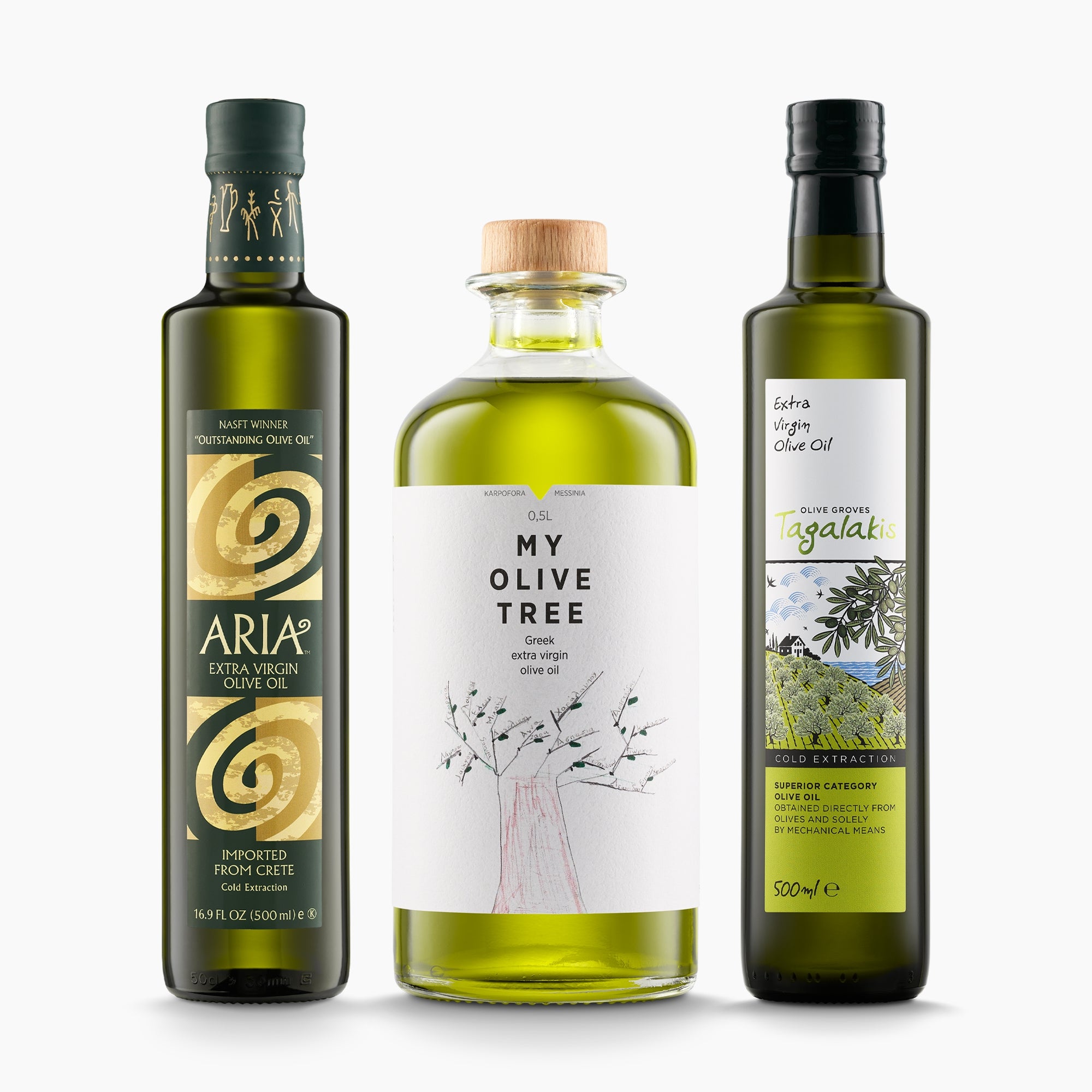 Three Greek extra virgin olive oil bottles; Aria Greek, My Olive Tree, and Tagalakis Elaiones.