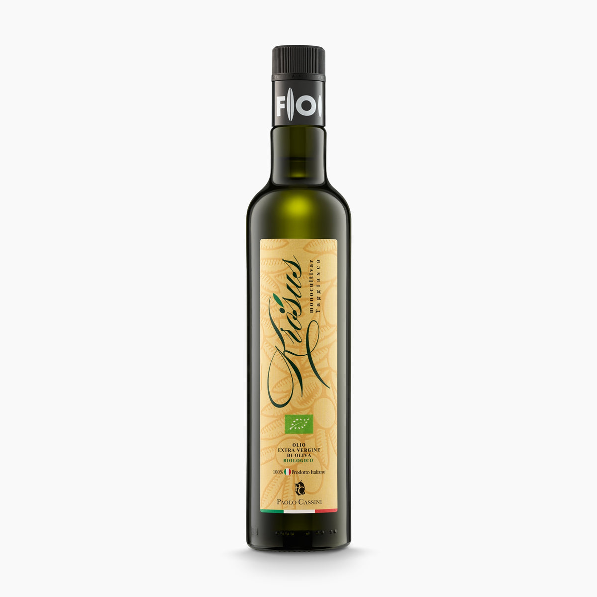 500 ml bottle of Paolo Cassini Krosus Organic Taggiasca extra virgin olive oil.