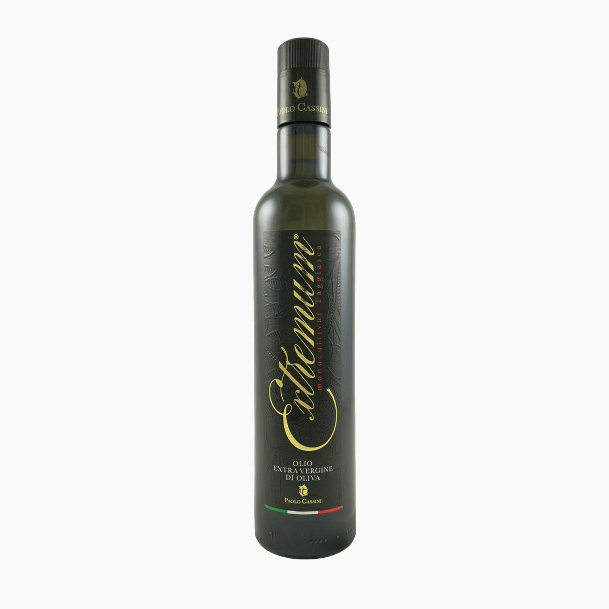 A 500 ml bottle of Paolo Cassini Taggiasca Extremum extra virgin olive oil from Liguria, Italy.