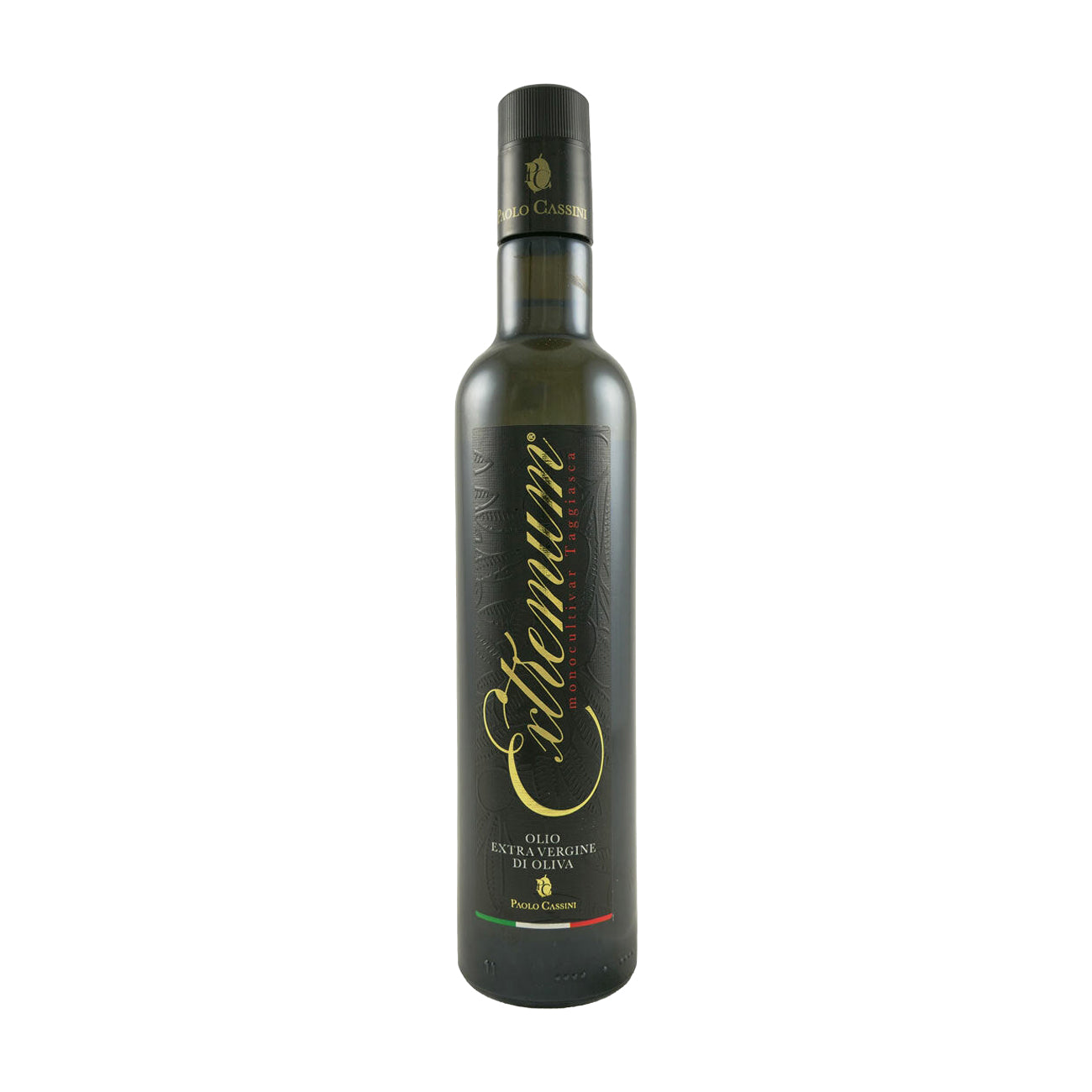 A 500 ml bottle of Paolo Cassini Taggiasca Extremum extra virgin olive oil from Liguria, Italy.