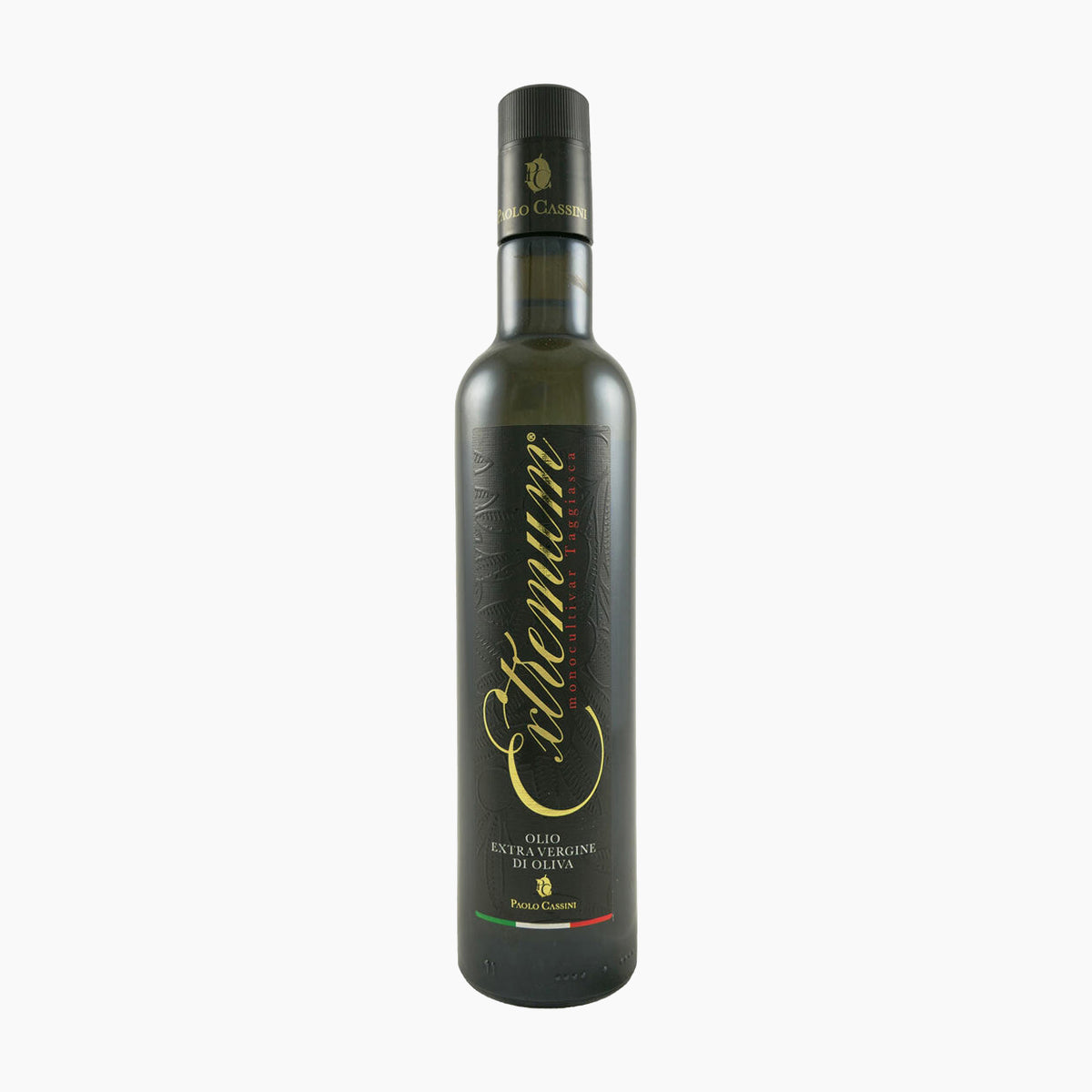 A 500 ml bottle of Paolo Cassini Taggiasca Extremum extra virgin olive oil from Liguria, Italy.