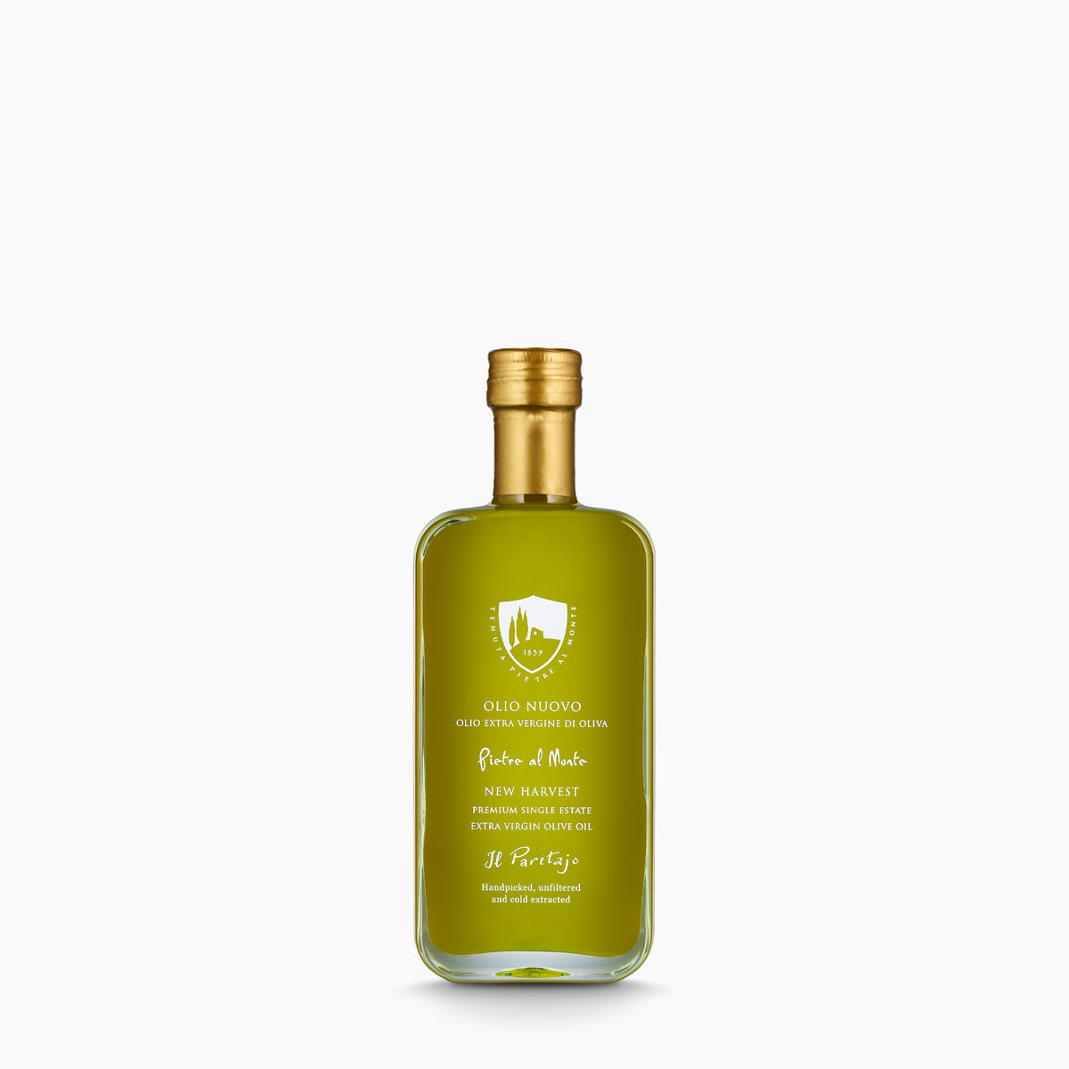 250ml Pietre al Monte Olio Nuovo bottle with a gold cap.