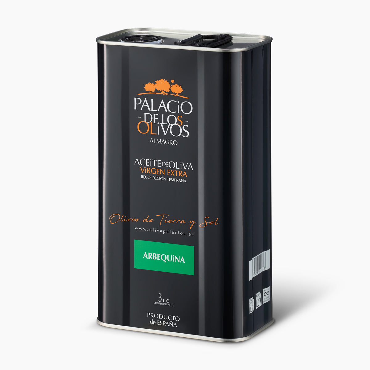 Angled view of Palacio de los Olivos Arbequina 3L Tin extra virgin olive oil.