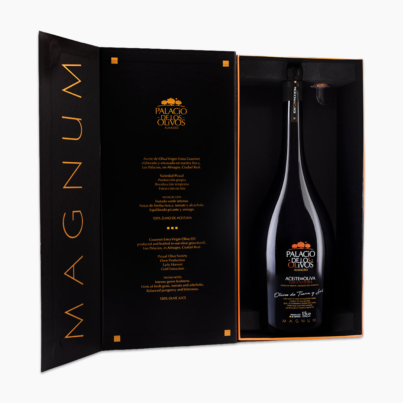 Palacio de los Olivos Picual Magnum 1.5L bottle inside an open gift box.