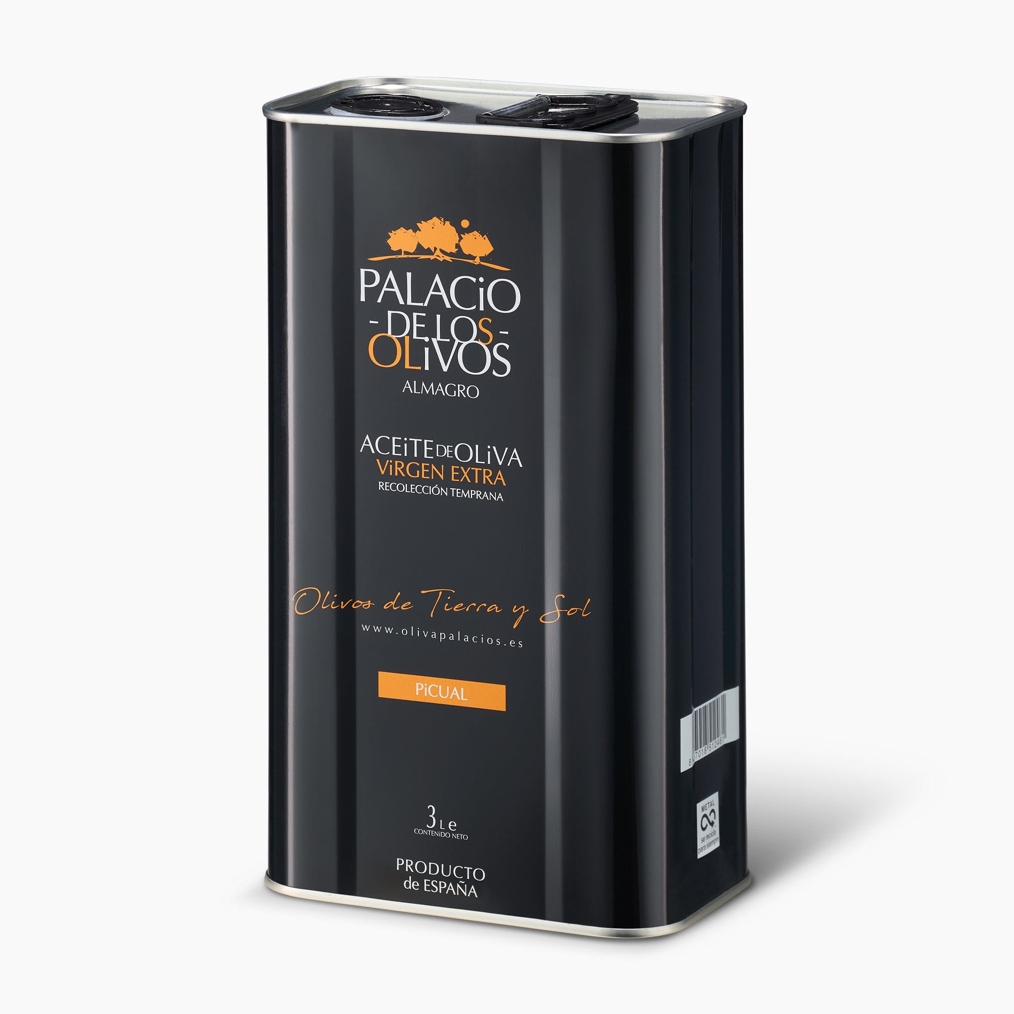 Angled view of Palacio de los Olivos Picual 3L Tin extra virgin olive oil.
