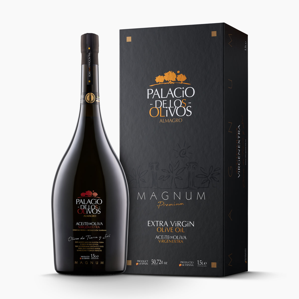 1.5L bottle of Palacio de los Olivos Picual Magnum extra virgin olive oil with its gift box.