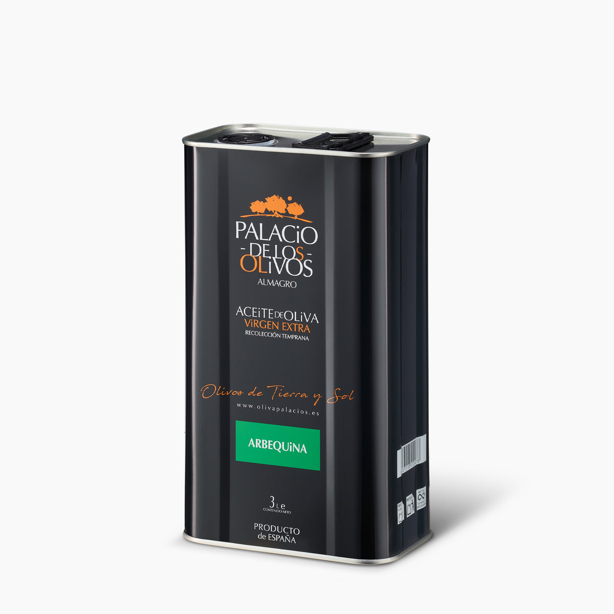 Angled view of Palacio de los Olivos Arbequina 3L Tin extra virgin olive oil.