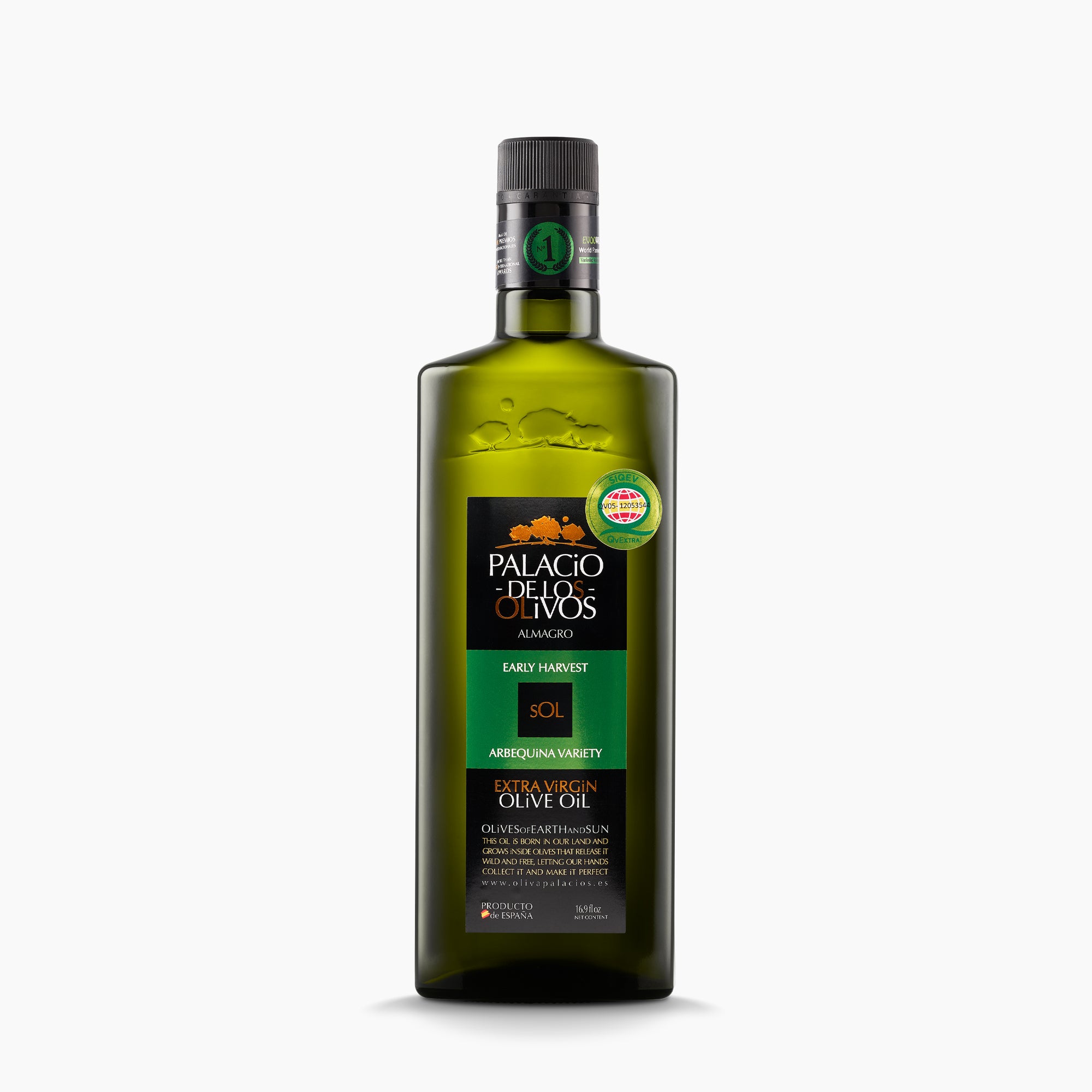 500 ml bottle of Palacio de los Olivos Arbequina extra virgin olive oil.