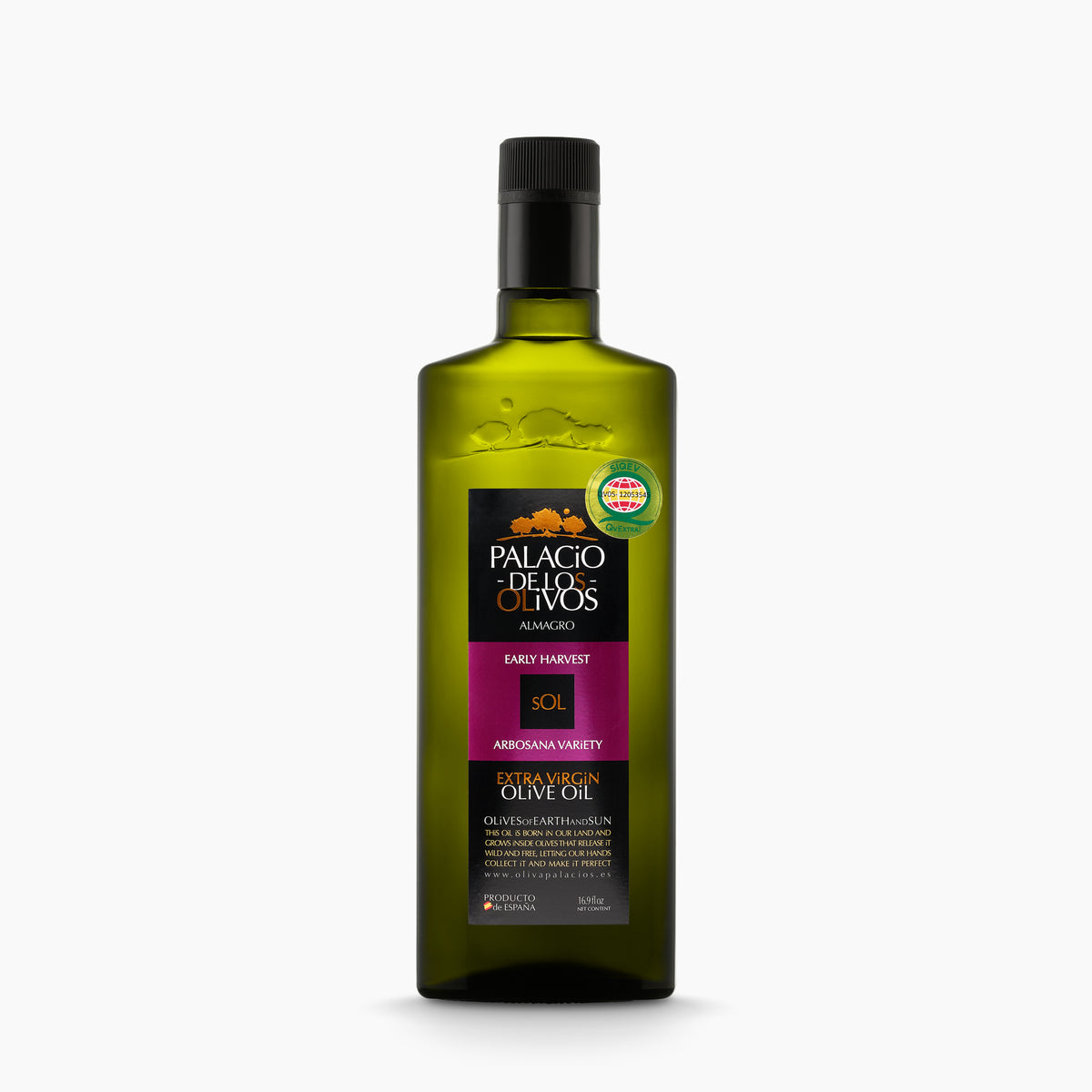 500 ml bottle of Palacio de los Olivos Arbosana extra virgin olive oil.