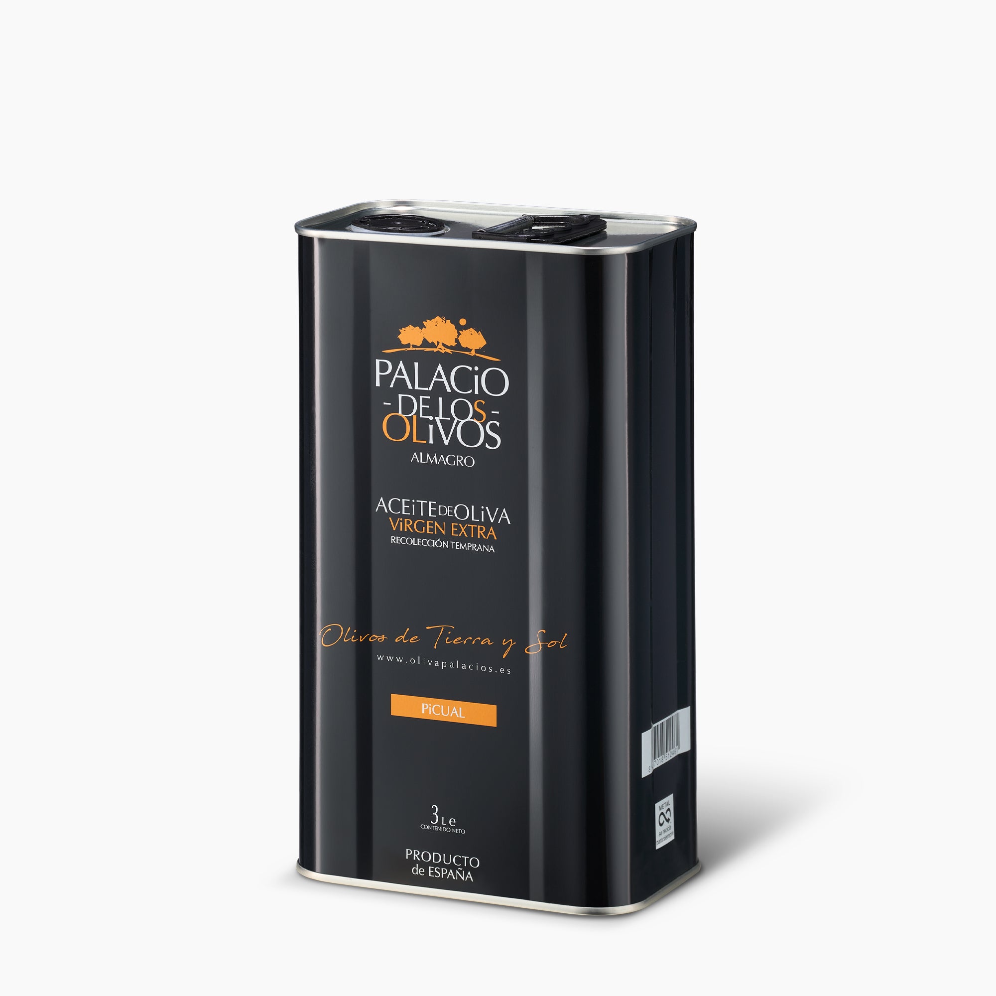 Angled view of Palacio de los Olivos Picual 3L Tin extra virgin olive oil.