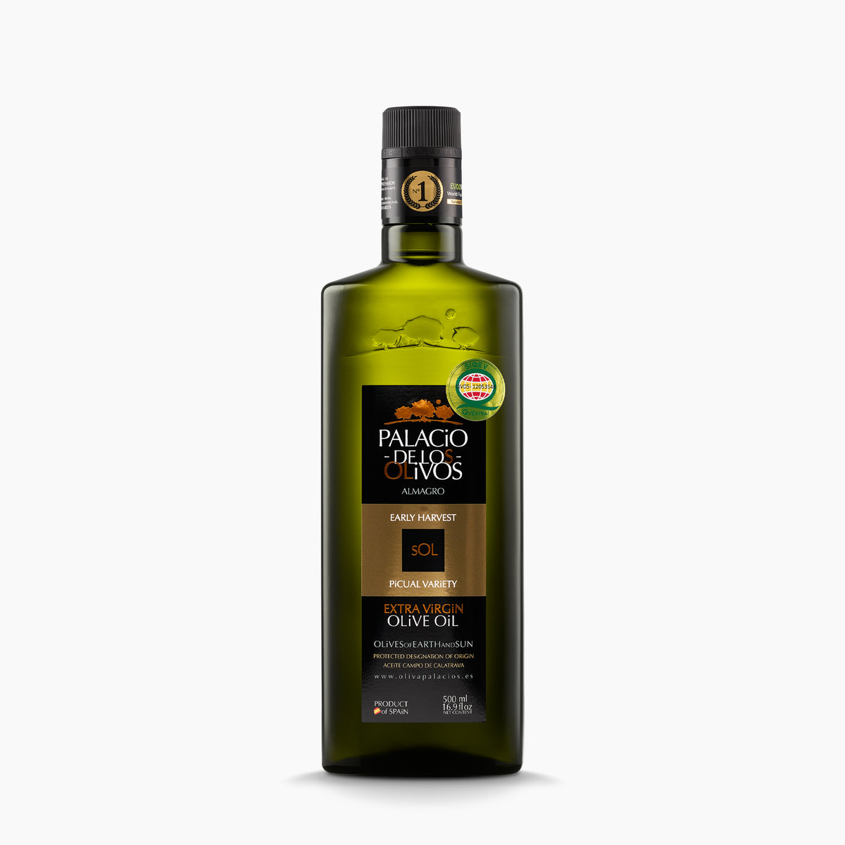 A bottle of Palacio de los Olivos Picual DOP Aceite Campo De Calatrava extra virgin olive oil.