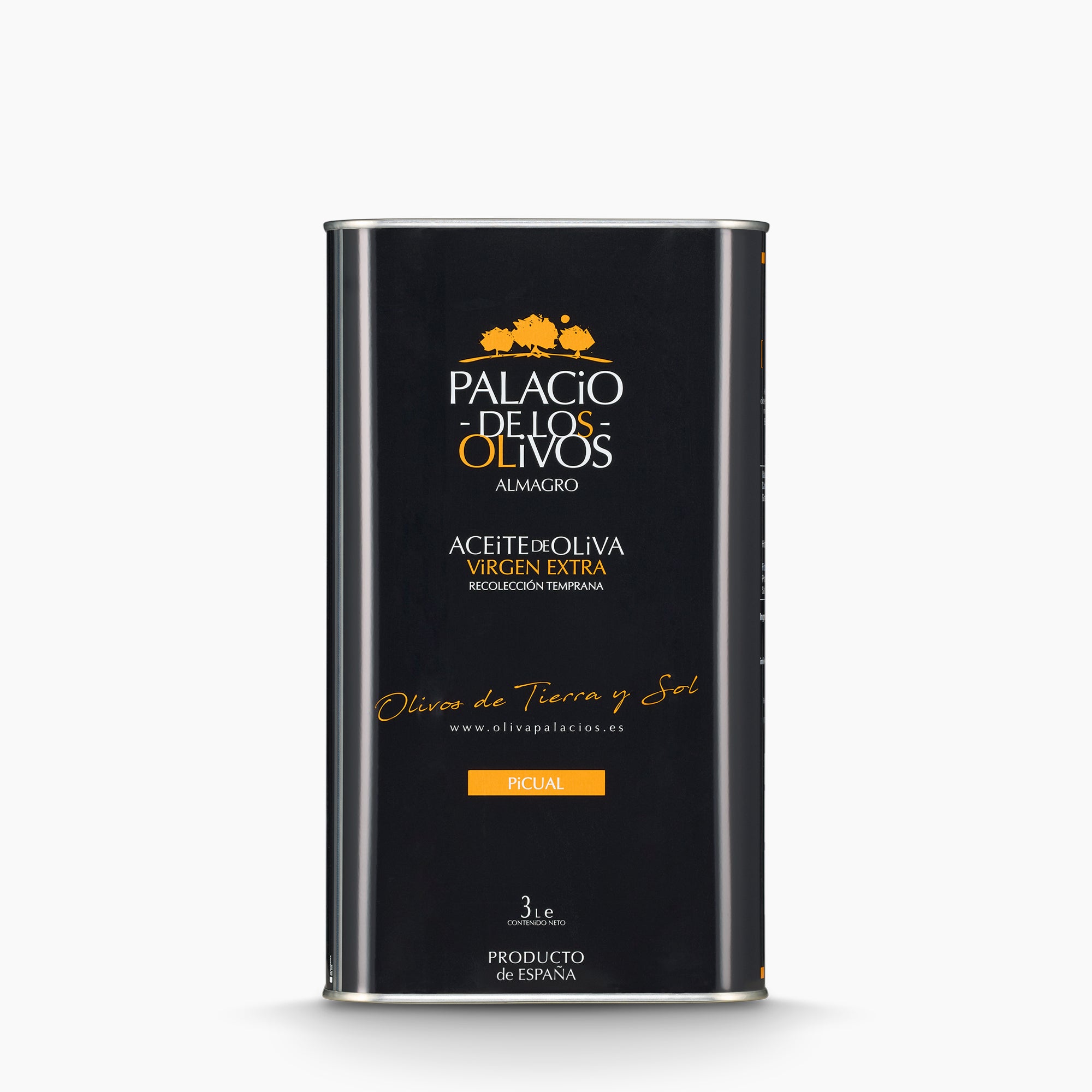 A 3L Tin of Palacio de los Olivos Picual extra virgin olive oil from Castilla-La Mancha, Spain.