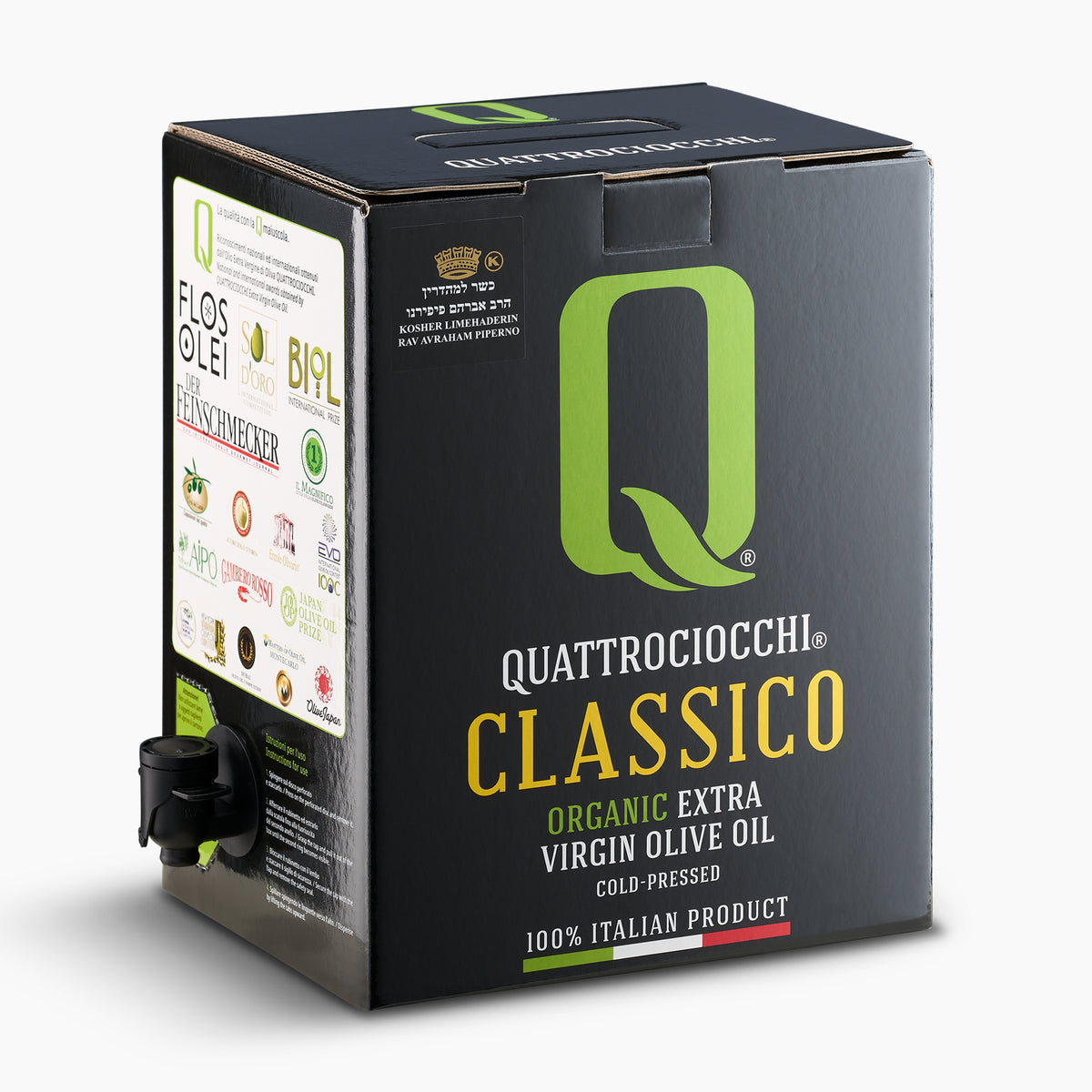 Quattrociocchi Classico Organic 5L bag-in-box from Lazio, Italy, with the dispensing spout extended.