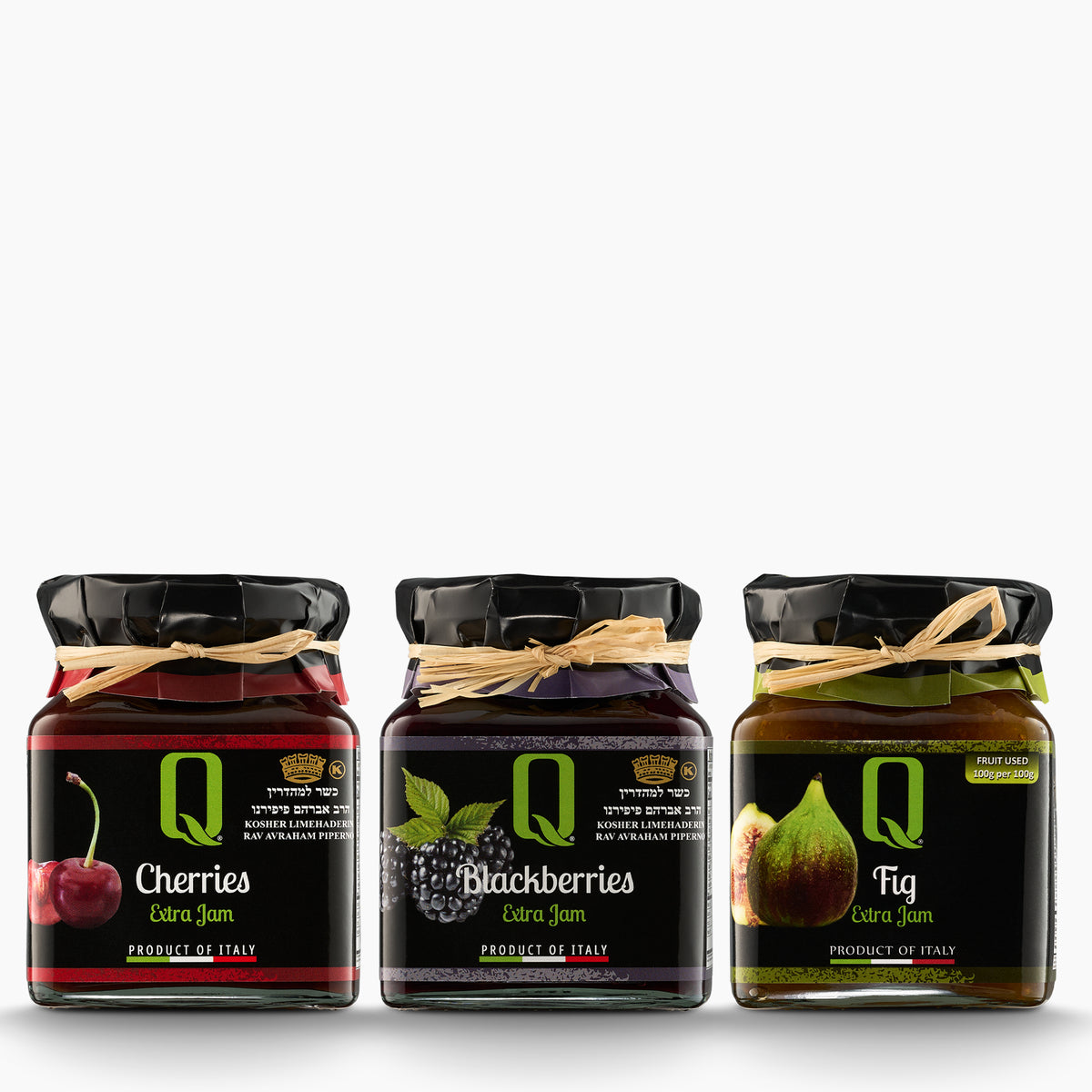 Quattrociocchi Fruit Preserve Trio set with Cherry, Blackberry, and Fig jams.