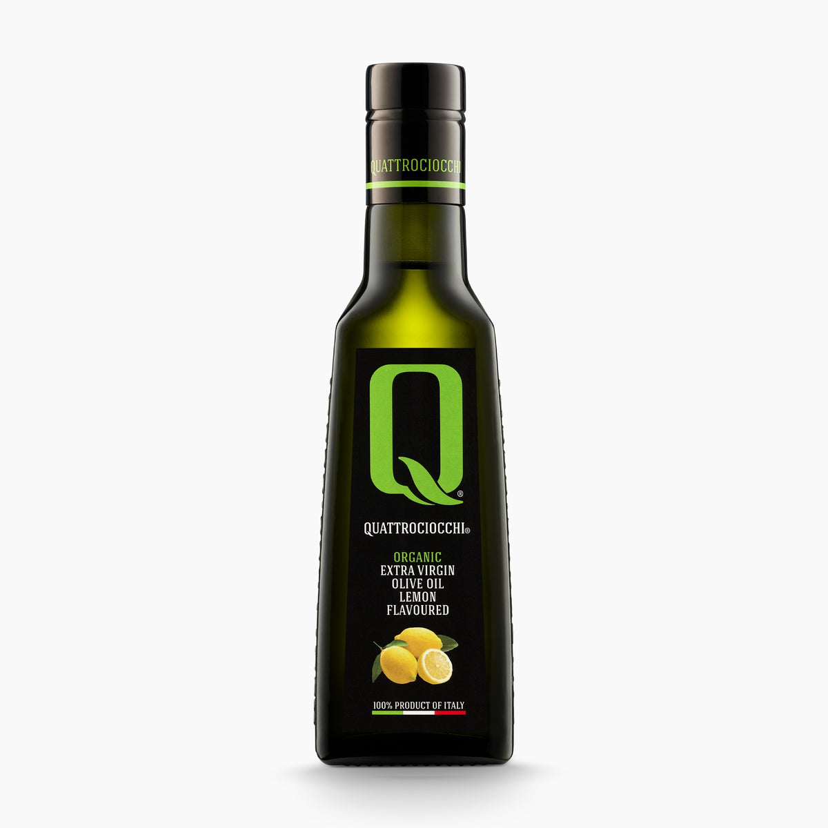 250 ml bottle of Quattrociocchi Lemon flavored extra virgin olive oil from Lazio, Italy.