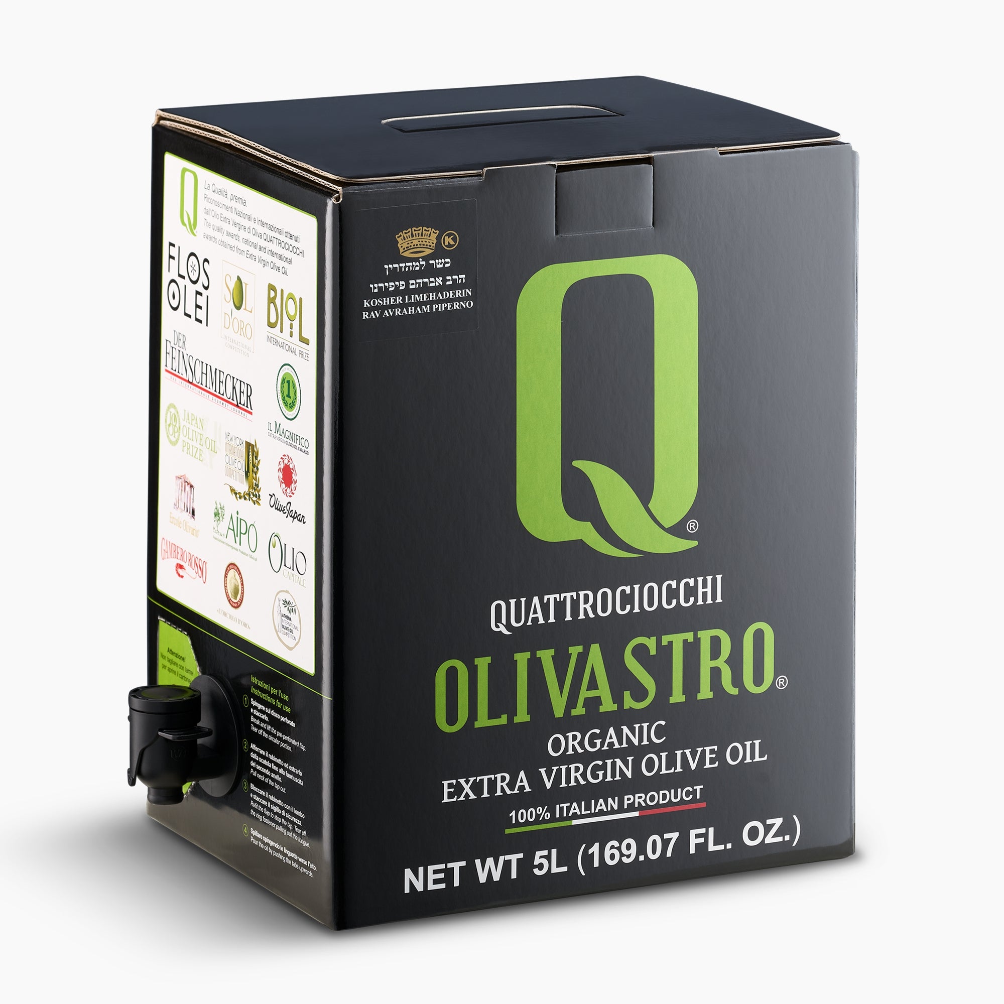 Quattrociocchi Olivastro Organic 5L bag-in-box from Lazio, Italy, with the dispensing spout extended.