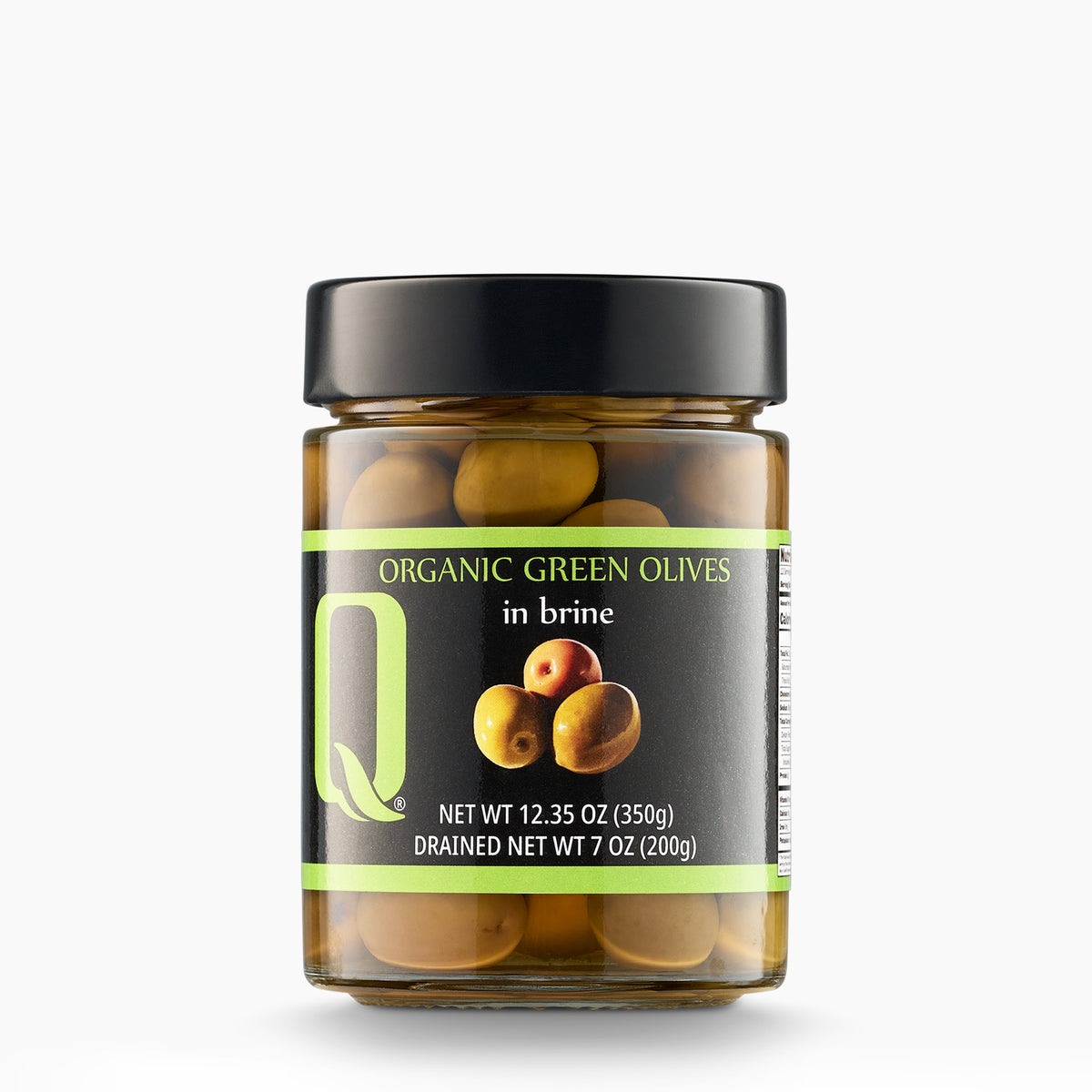 350g jar of Quattrociocchi Organic Green Itrana Olives from Italy.